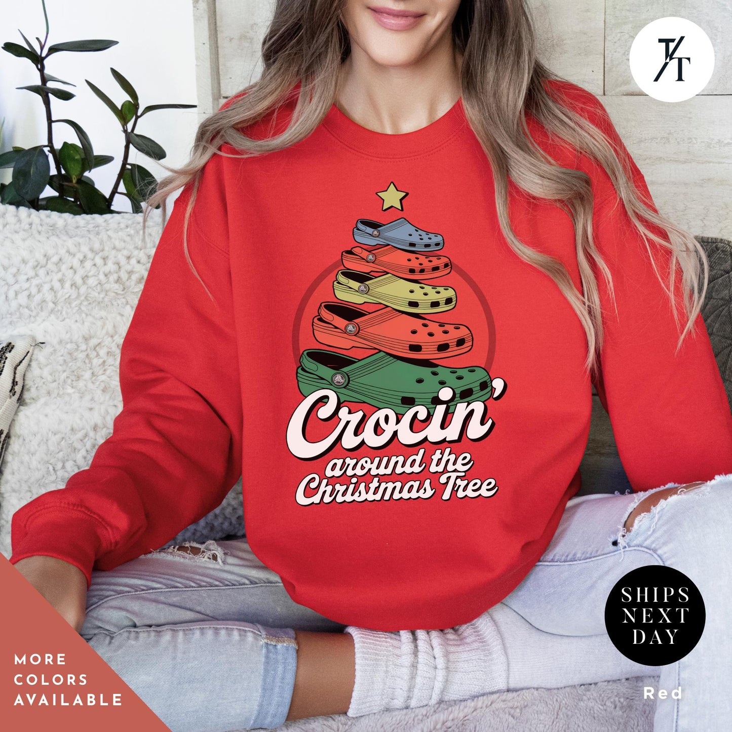 a woman sitting on a couch wearing a red sweater. Crocin Around the Christmas Tree Christmas Sweatshirt, Crocin Around Tree Sweater, Holiday Sweatshirt, Funny Xmas Shirt, Funny Xmas Gift