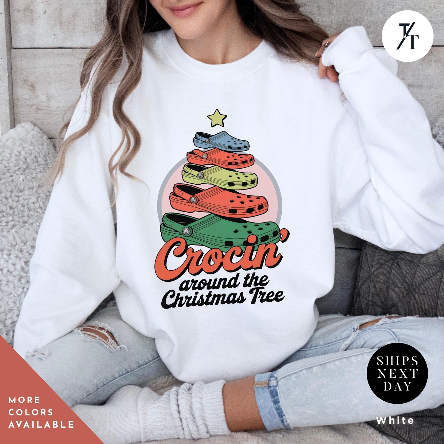 a woman wearing a white sweatshirt with a christmas tree on it, Crocin Around the Christmas Tree Christmas Sweatshirt, Crocin Around Tree Sweater, Holiday Sweatshirt, Funny Xmas Shirt, Funny Xmas Gift