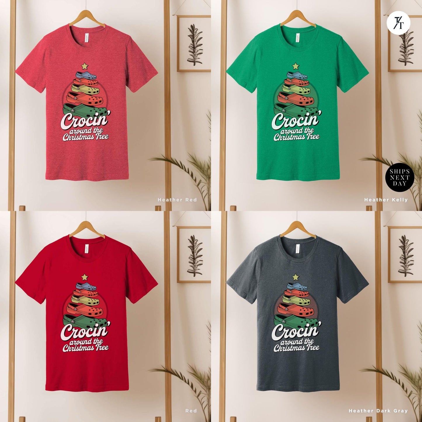 a group of four t - shirts with a picture of a donut on it, Crocin Around the Christmas Tree Shirt, Funny Christmas Tree Shirt, Crocin Around Tree, Xmas Family Tee, Holiday Xmas Gift Holiday Party Tee