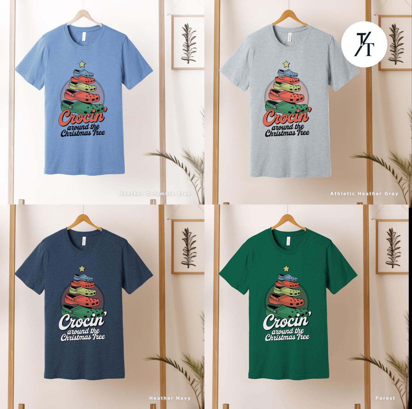 a group of four t - shirts with a picture of a donut on it, Crocin Around the Christmas Tree Shirt, Funny Christmas Tree Shirt, Crocin Around Tree, Xmas Family Tee, Holiday Xmas Gift Holiday Party Tee