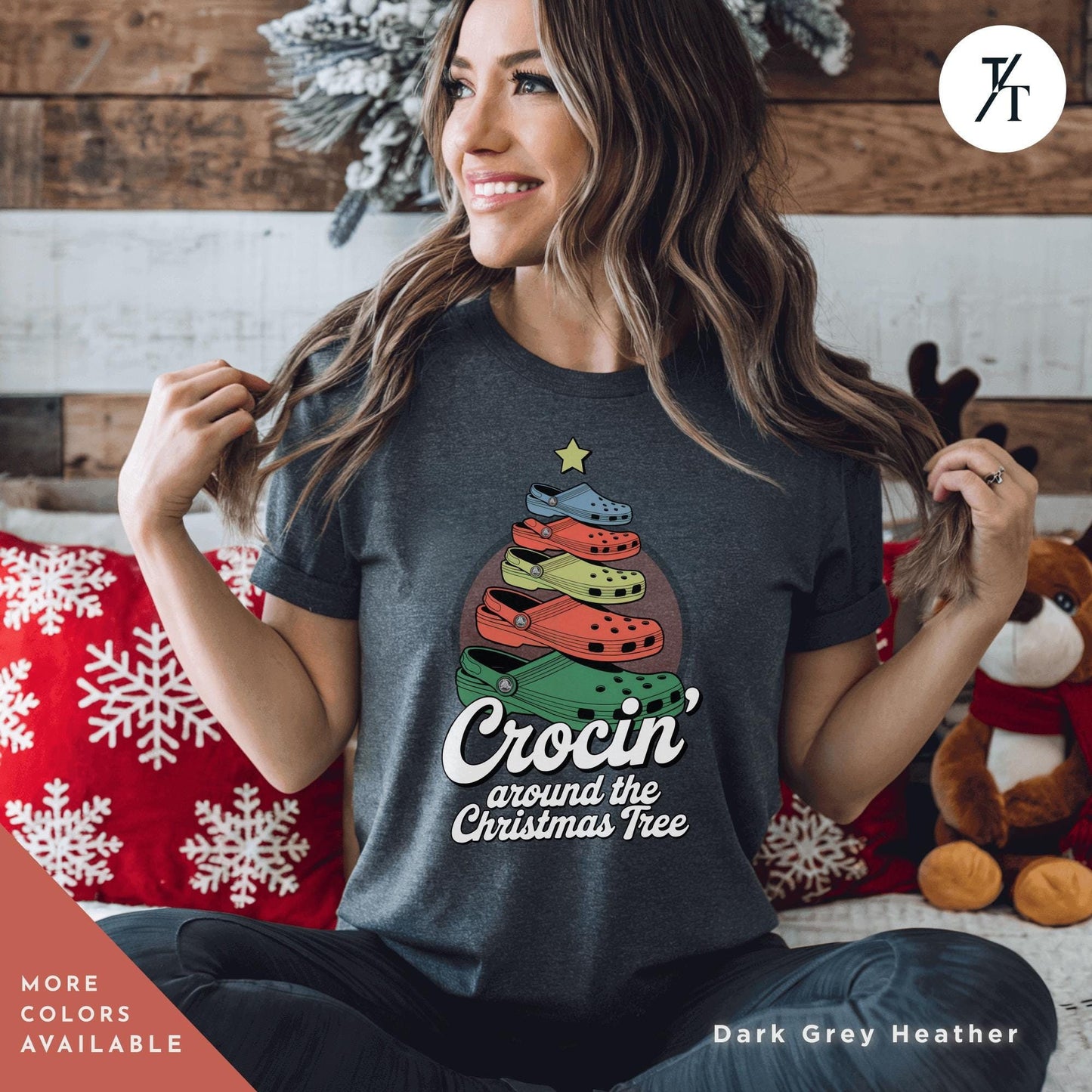 a woman sitting on a bed wearing a black shirt with a christmas tree on it, Crocin Around the Christmas Tree Shirt, Funny Christmas Tree Shirt, Crocin Around Tree, Xmas Family Tee, Holiday Xmas Gift Holiday Party Tee