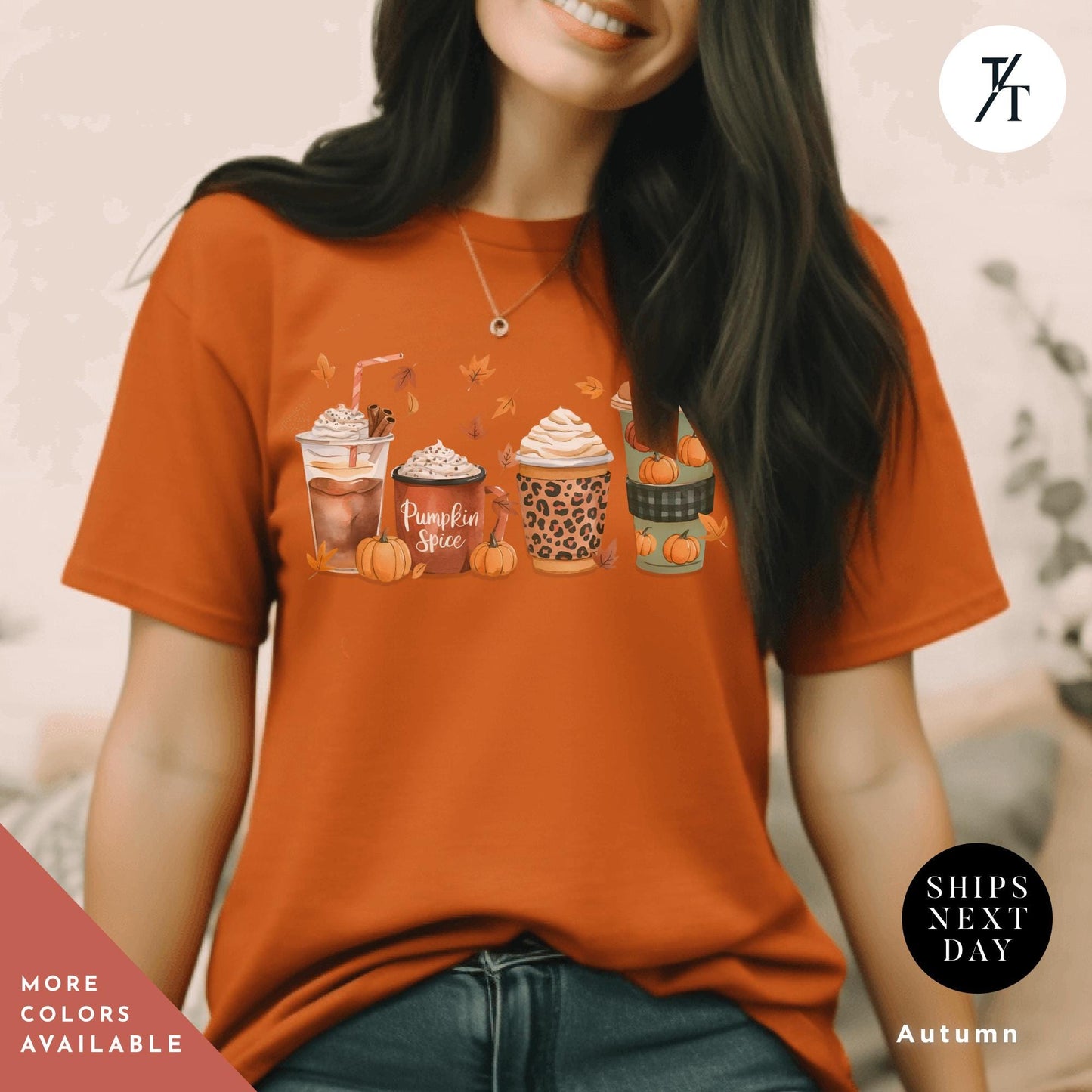 a woman wearing an orange shirt with cupcakes and pumpkins on it, Cute Fall Pumpkin Coffee Drink Thanksgiving Shirt, Halloween tShirt, Coffee Lover Womens Fall tShirt, Pumpkin Spice tee