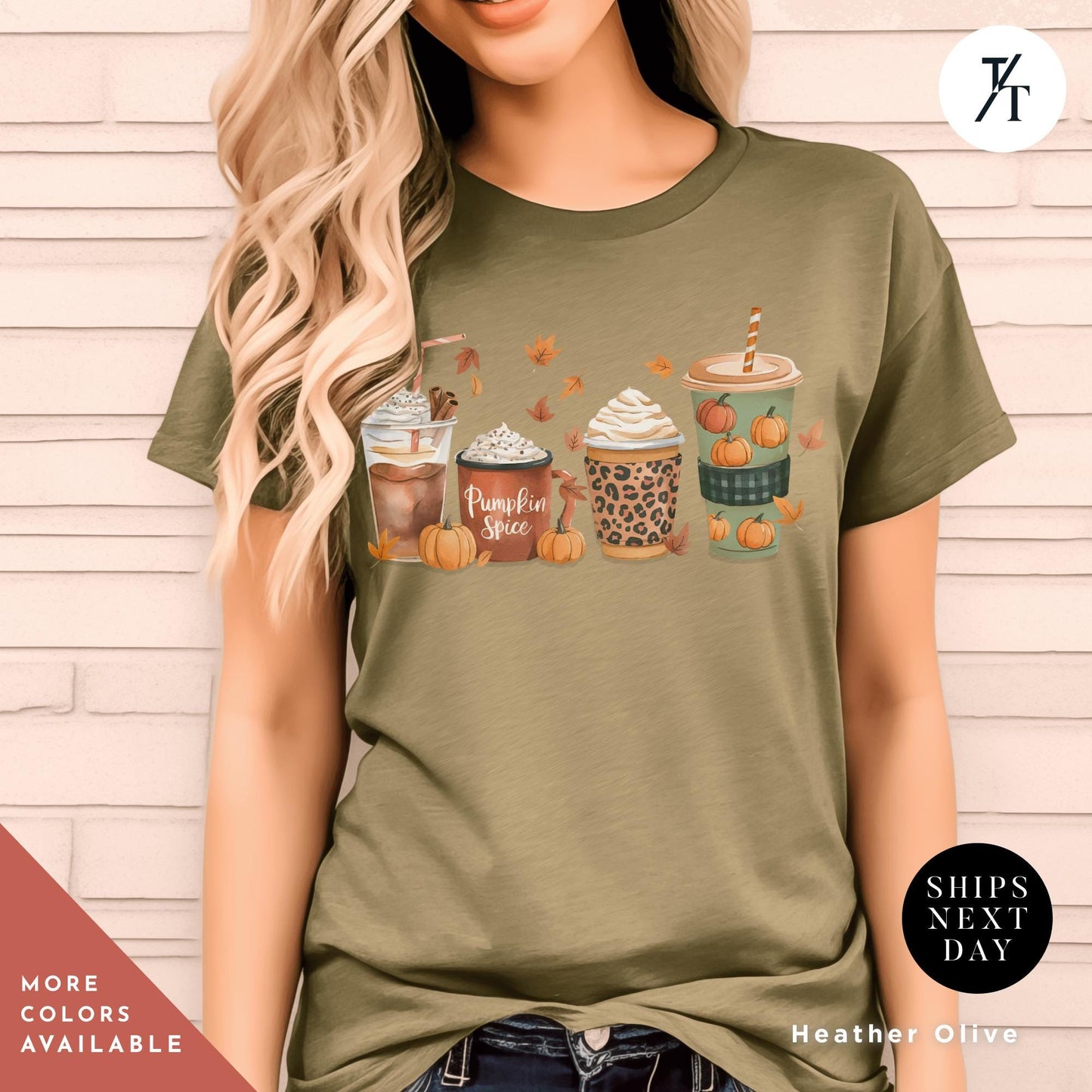 a woman wearing a t - shirt with coffee and pumpkins on it, Cute Fall Pumpkin Coffee Drink Thanksgiving Shirt, Halloween tShirt, Coffee Lover Womens Fall tShirt, Pumpkin Spice tee