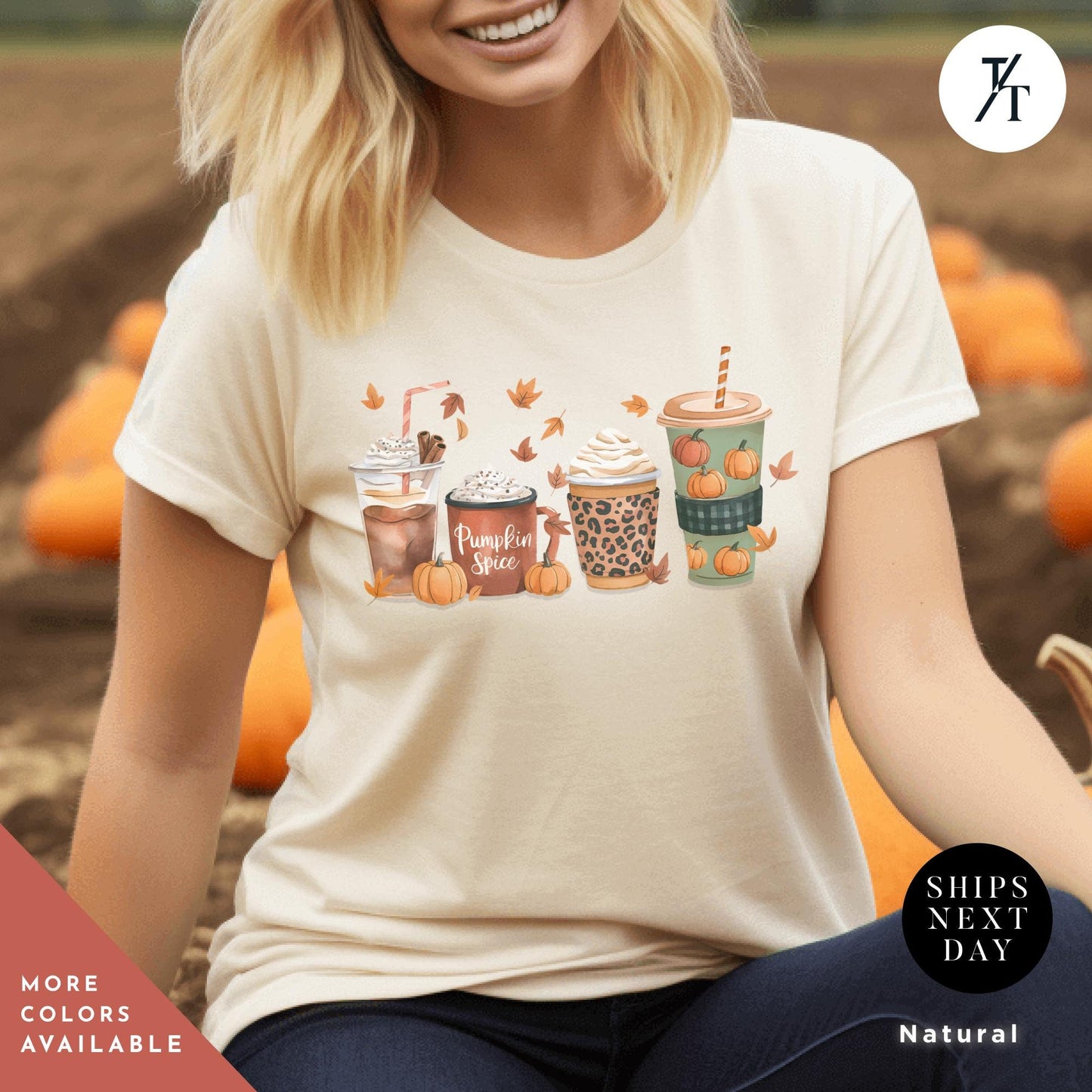 a woman wearing a t - shirt with coffee and pumpkins on it, Fall Coffee Shirt, Cute Fall Pumpkin Coffee Drink Thanksgiving Shirt, Halloween tShirt, Coffee Lover Womens Fall tShirt, Pumpkin Spice tee