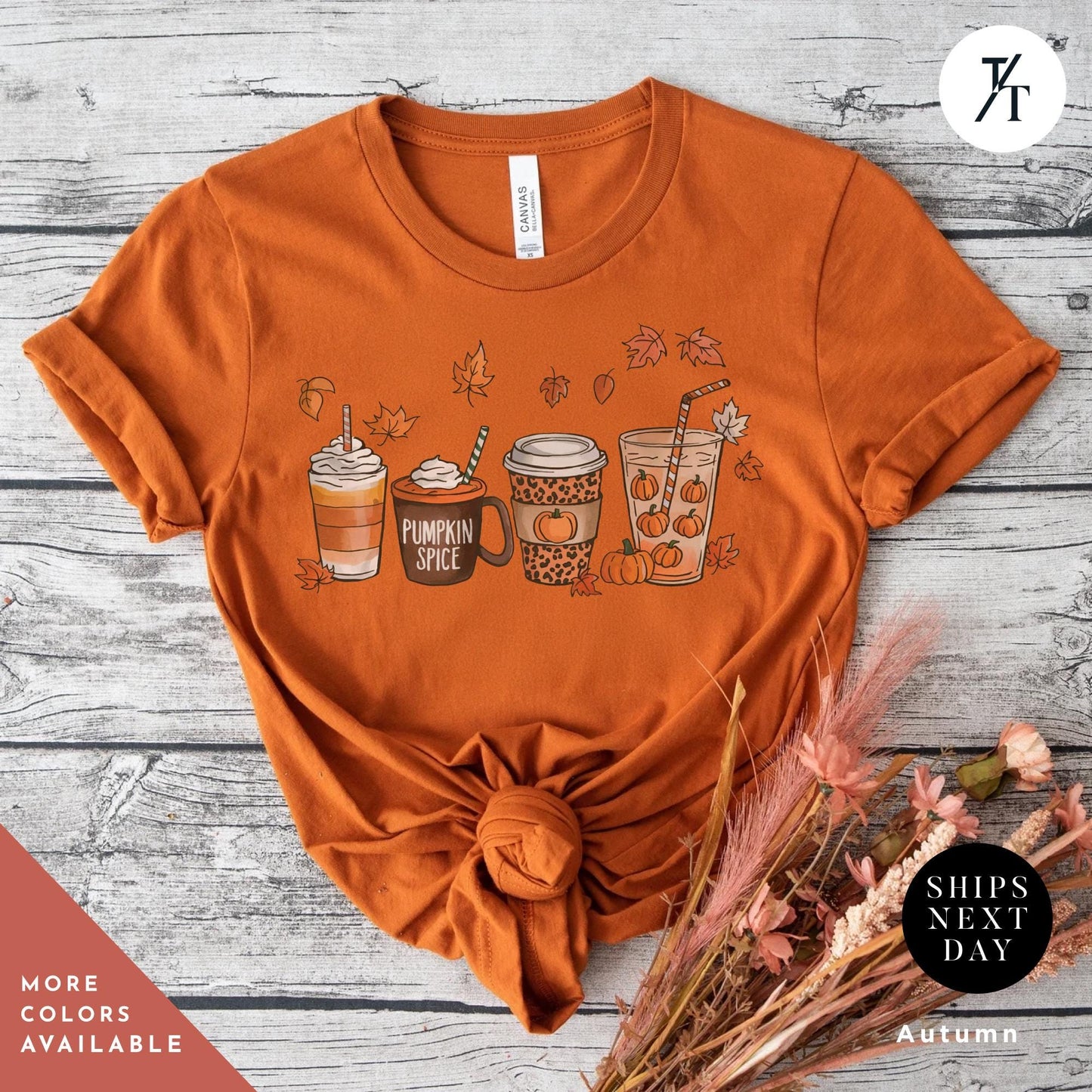 a t - shirt with a picture of two cups of coffee on it, Cute Fall Pumpkin Coffee Drink Thanksgiving Shirt, Halloween tShirt, Coffee Lover Womens Fall tShirt, Pumpkin Spice tee
