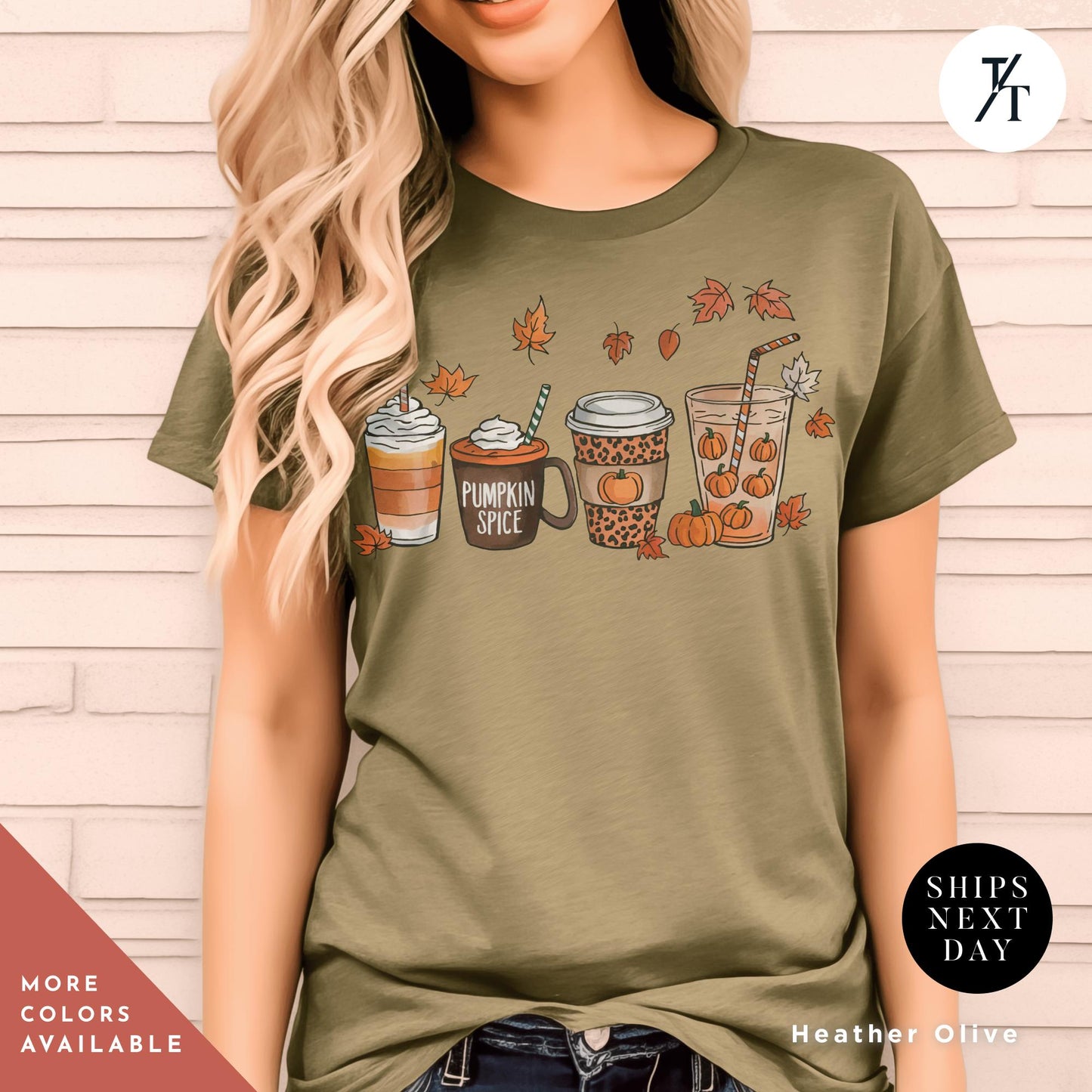 a woman wearing a t - shirt that says autumn is coming, Cute Fall Pumpkin Coffee Drink Thanksgiving Shirt, Halloween tShirt, Coffee Lover Womens Fall tShirt, Pumpkin Spice tee