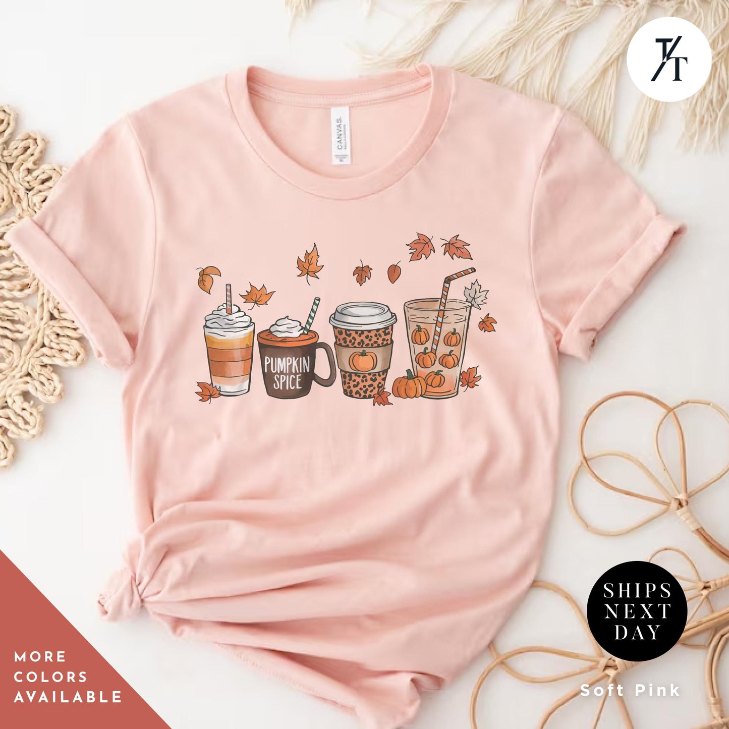 a t - shirt with three cups of coffee on it, Cute Fall Pumpkin Coffee Drink Thanksgiving Shirt, Halloween tShirt, Coffee Lover Womens Fall tShirt, Pumpkin Spice tee