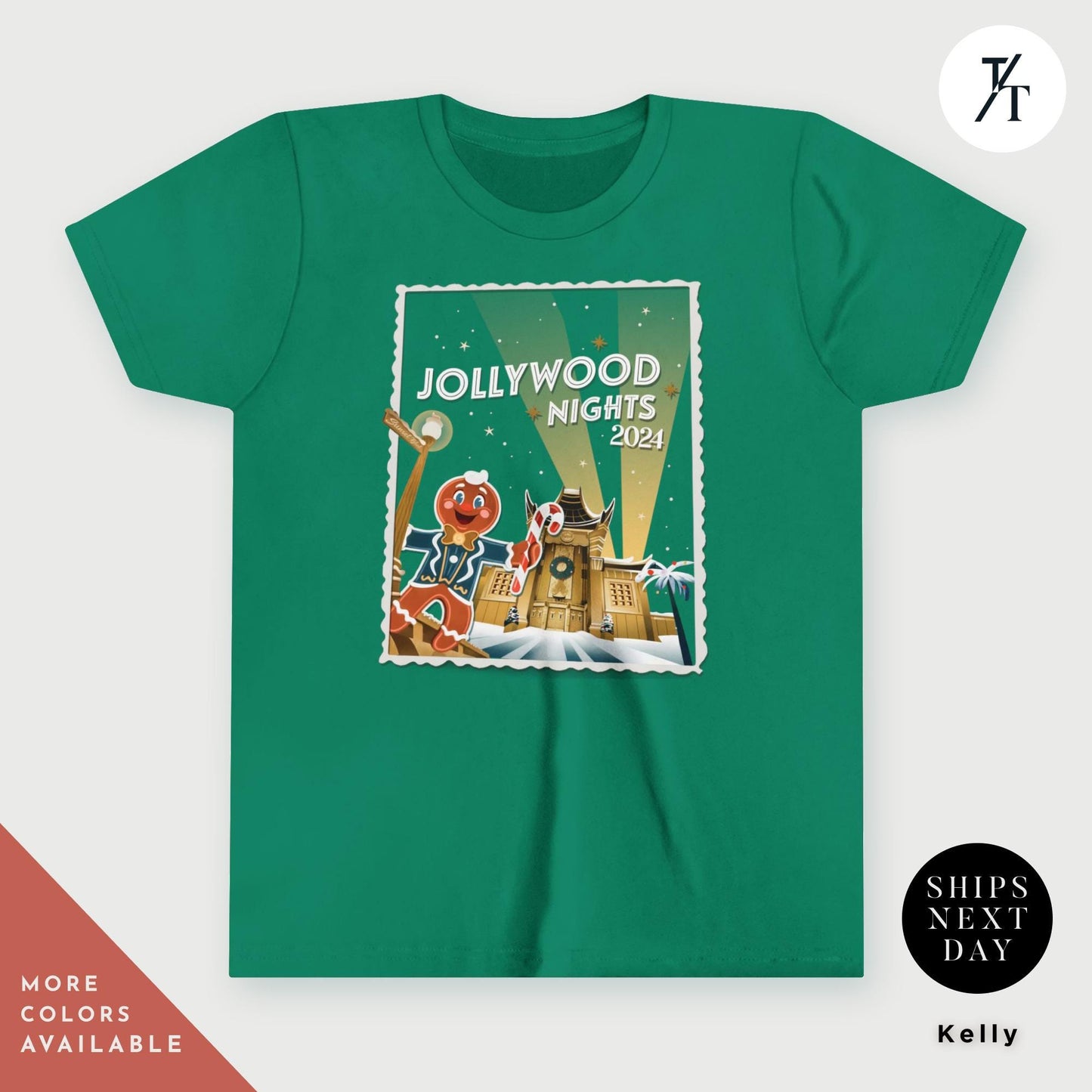 a green t - shirt with a picture of a cartoon character on it, Kids Hollywood nights 2024 christmas shirt youth hollywood nights shirt for Studios Holiday Children's Matching Very Merry Merry Christmas