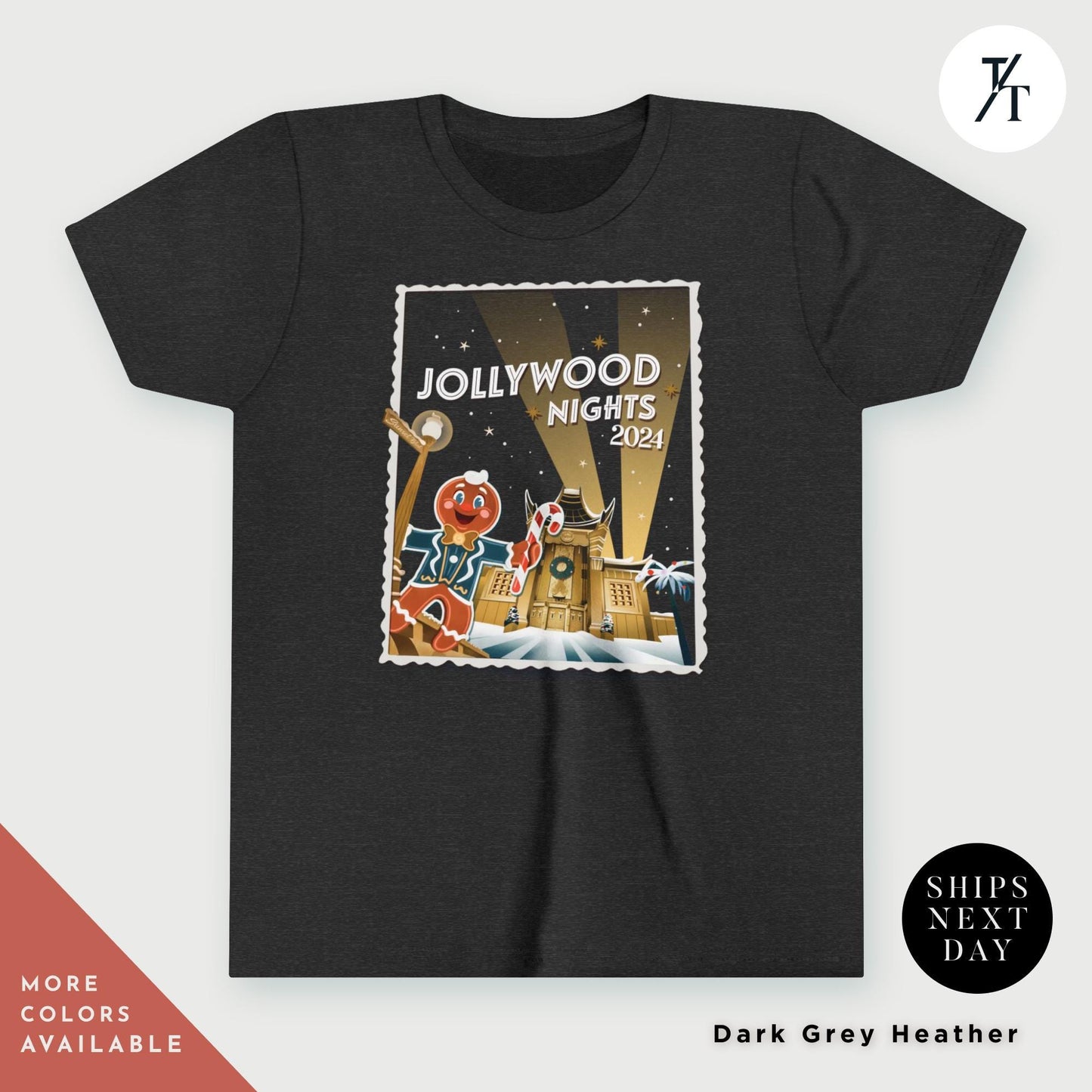 a black t - shirt with an image of a cartoon character on it, Kids Hollywood nights 2024 christmas shirt youth hollywood nights shirt for Studios Holiday Children's Matching Very Merry Merry Christmas