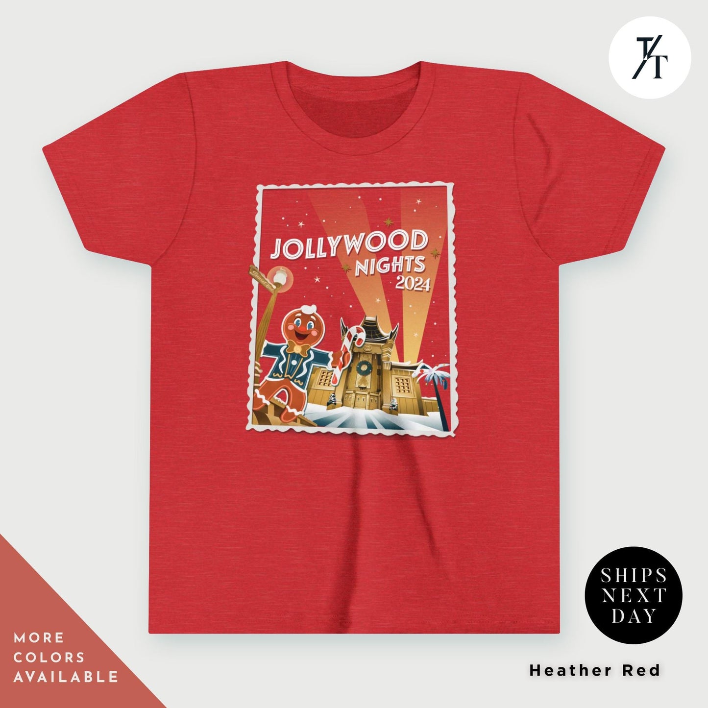 a red t - shirt with a picture of a santa clause on it, Kids Hollywood nights 2024 christmas shirt youth hollywood nights shirt for Studios Holiday Children's Matching Very Merry Merry Christmas