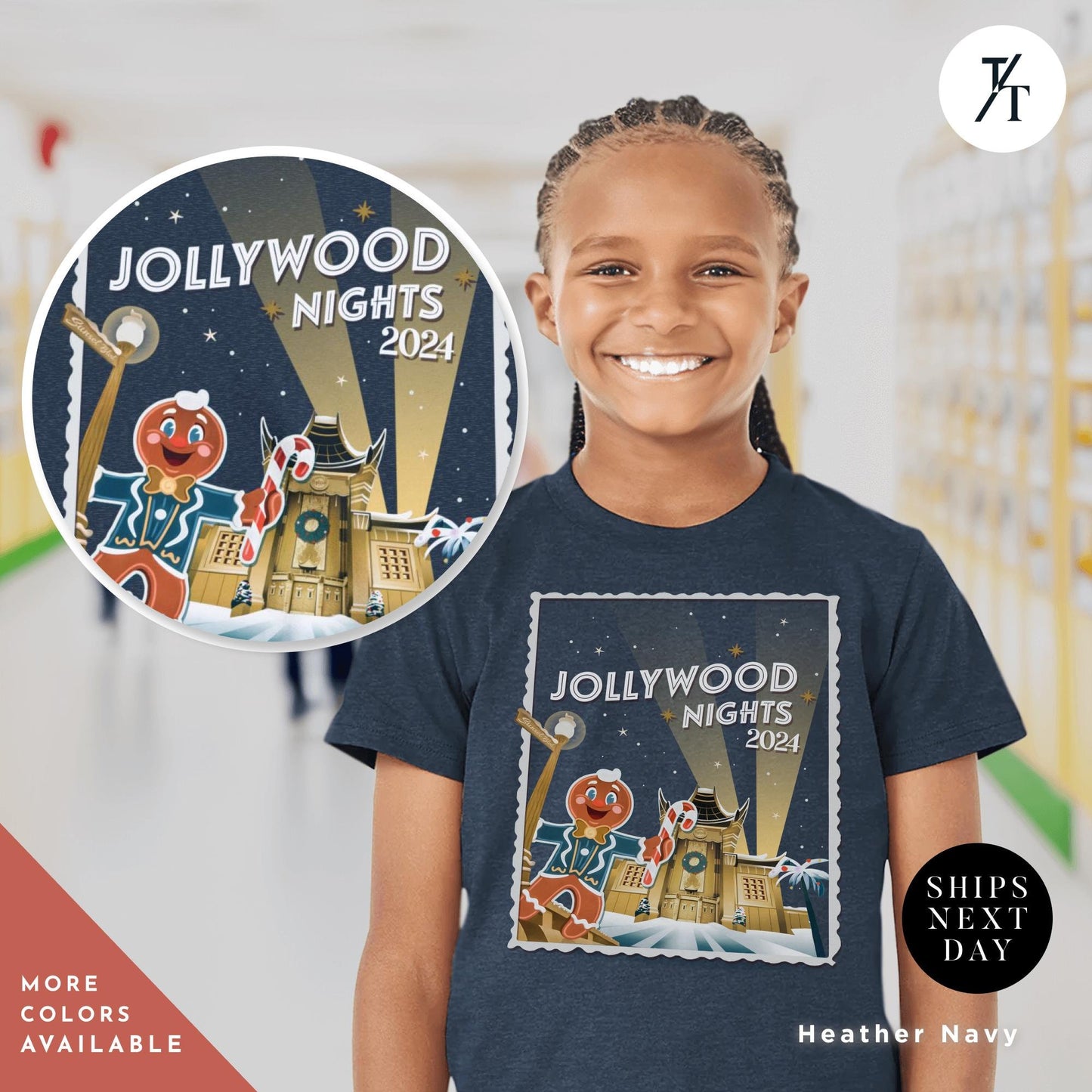 a young girl wearing a hollywood nights t - shirt, Kids Hollywood nights 2024 christmas shirt youth hollywood nights shirt for Studios Holiday Children's Matching Very Merry Merry Christmas