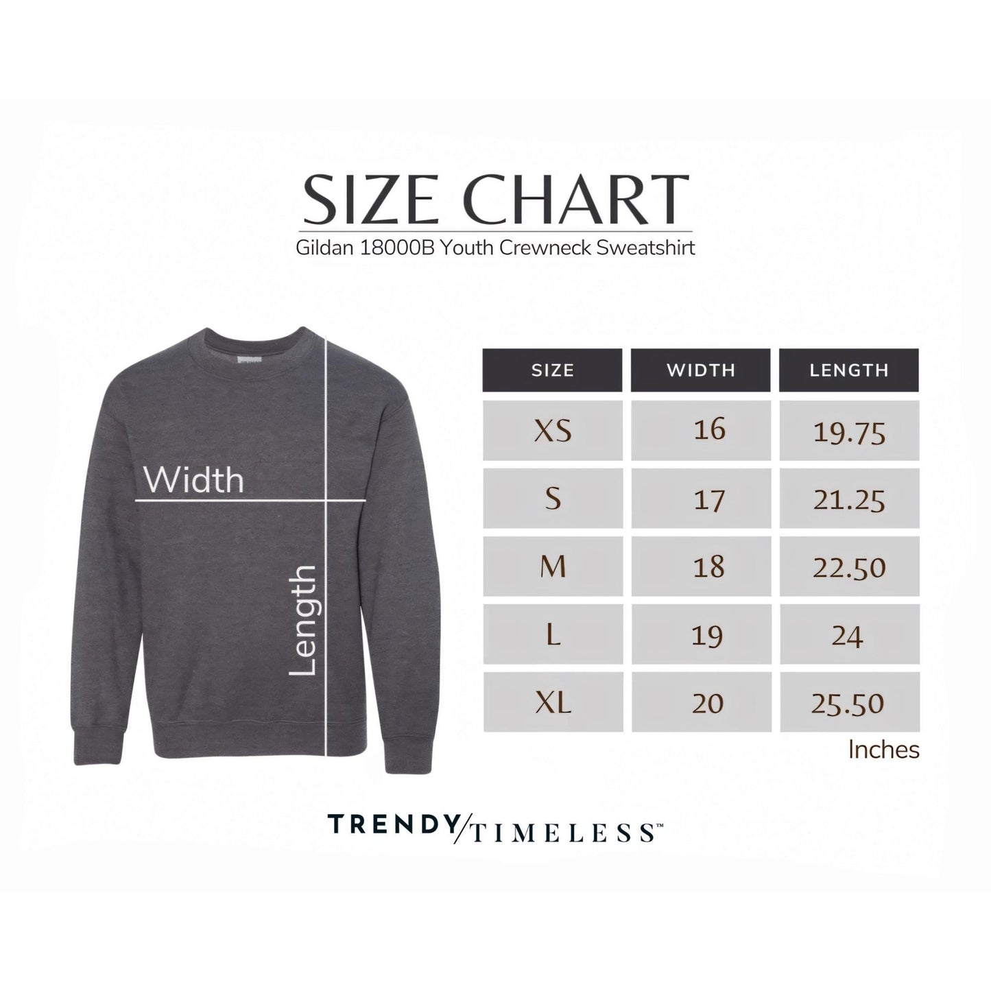 the size chart for a sweatshirt