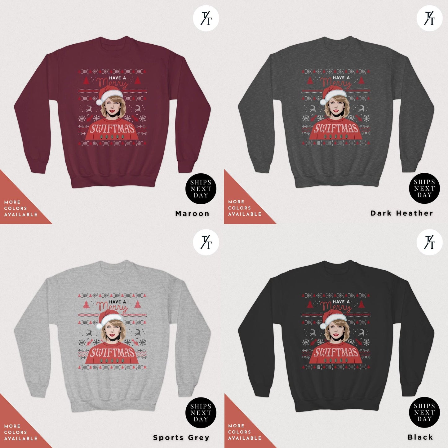 a group of sweaters with a woman's face on them, Kids Merry Swiftmas Ugly Christmas Sweatshirt Swiftmas Sweatshirt Youth Kids Christmas Taylor Swiftie Merch Gift for Swifties, Swiftie Xmas
