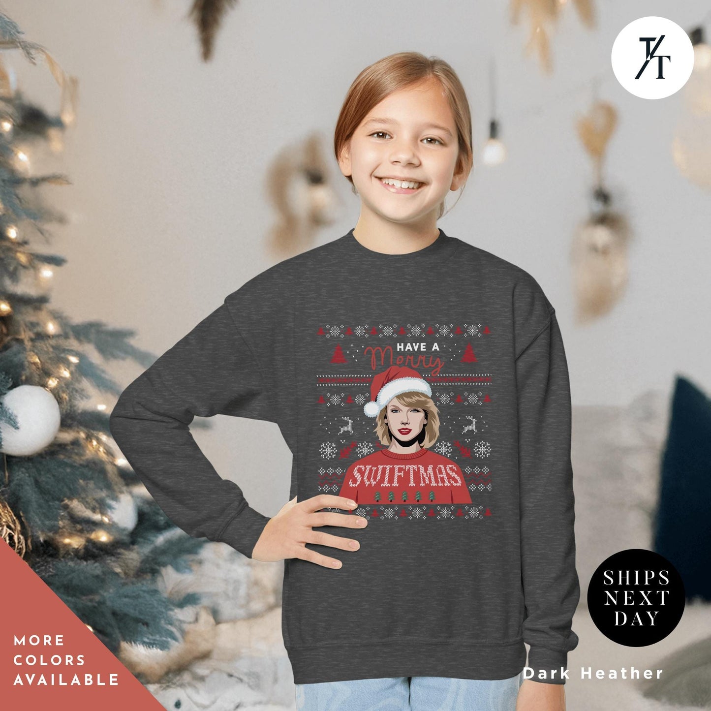 a young girl wearing a christmas sweater with a picture of a woman wearing a santa, Kids Merry Swiftmas Ugly Christmas Sweatshirt Swiftmas Sweatshirt Youth Kids Christmas Taylor Swiftie Merch Gift for Swifties, Swiftie Xmas