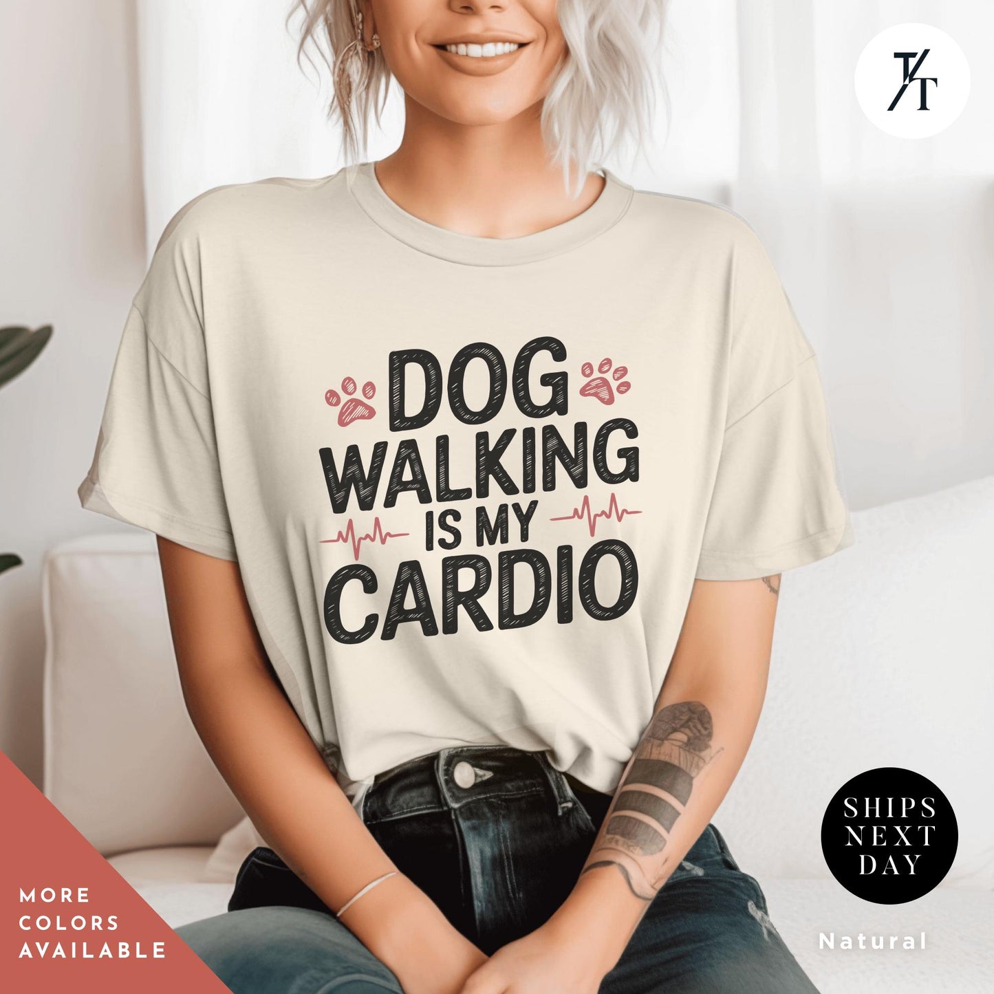 a woman wearing a dog walking is my cardio t - shirt, Dog Walking Shirt, Gifts For Dog Lovers, Gift For Pet Lovers, Dogs Walker Shirt, Funny Dogs Shirt, Top Fashion Gifts For Mom, funny pet tee