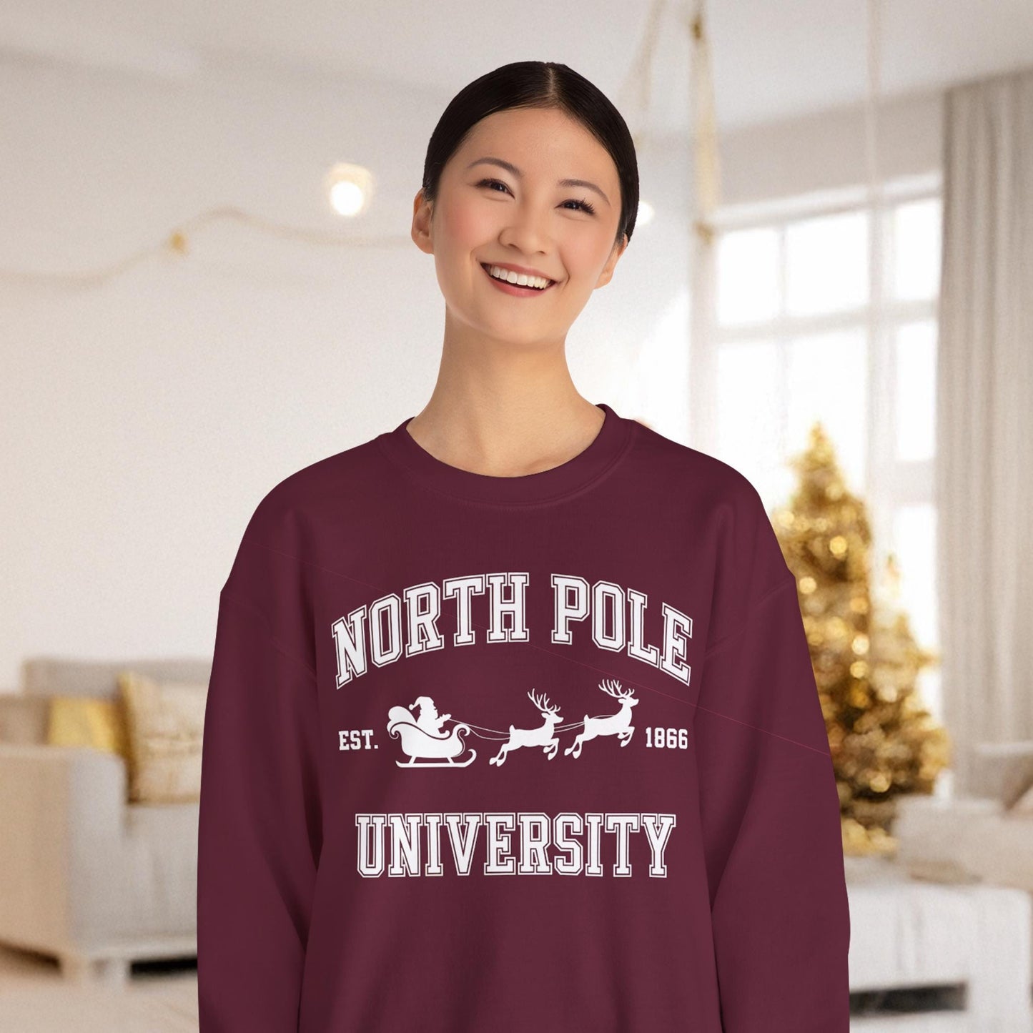 a woman wearing a sweatshirt that says north pole university, North Pole university sweatshirt, Christmas Sweatshirt, Christmas Gift, North Pole Sweater, Xmas Shirt, Winter University, College Sweater