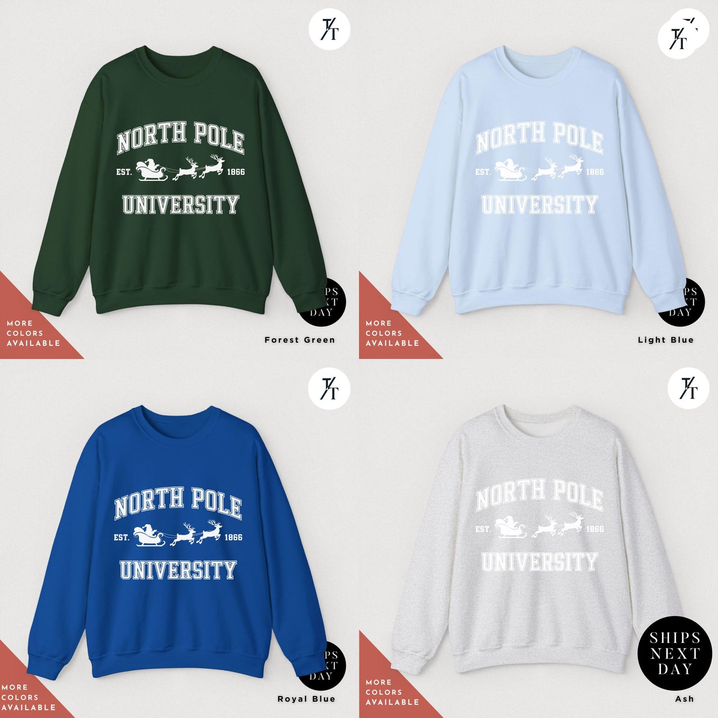 a group of four sweatshirts with north pole university on them, North Pole university sweatshirt, Christmas Sweatshirt, Christmas Gift, North Pole Sweater, Xmas Shirt, Winter University, College Sweater