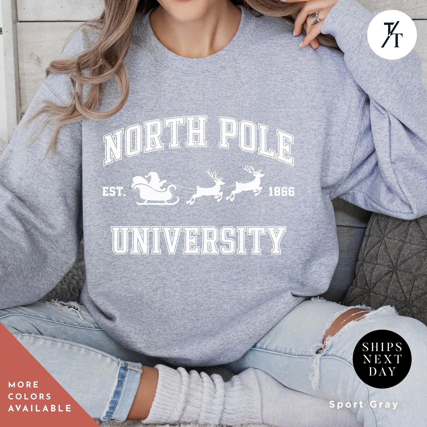 a woman sitting on a chair wearing a north pole university sweatshirt, North Pole university sweatshirt, Christmas Sweatshirt, Christmas Gift, North Pole Sweater, Xmas Shirt, Winter University, College Sweater