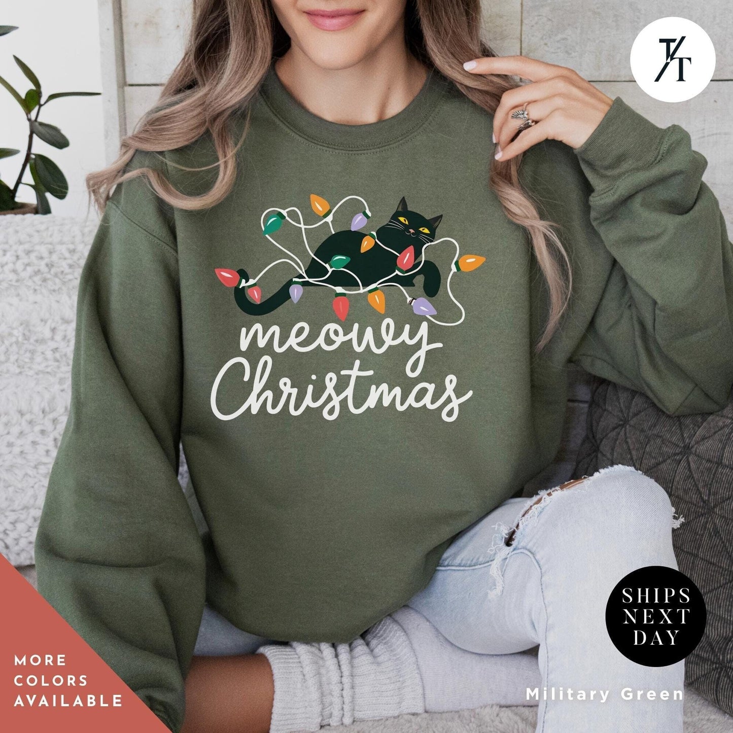 a woman wearing a sweatshirt that says Meowy christmas, Meowy Christmas Sweater - Catmas Sweatshirt, Meowy Christmas Sweatshirt, Gift For Cat Mom, Cute Cat Mom Sweatshirts, Holiday Sweatshirts