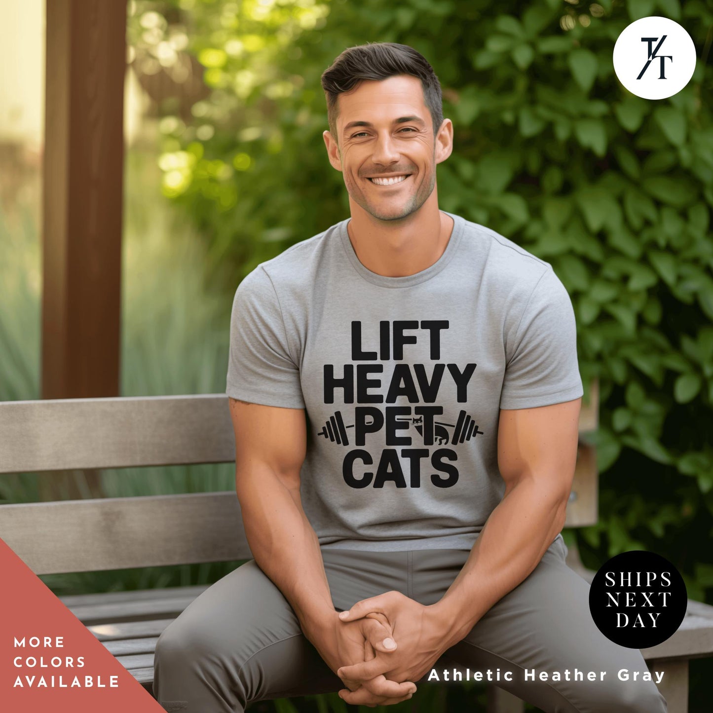 a man sitting on a bench wearing a shirt that says lift heavy cats, Lift Heavy Pet Cats Weightlifter Shirt, Funny Workout Tee Gift For Cat Lovers, Weightlifter Gift for Gym Lover, Fitness Gifts For Cat Moms