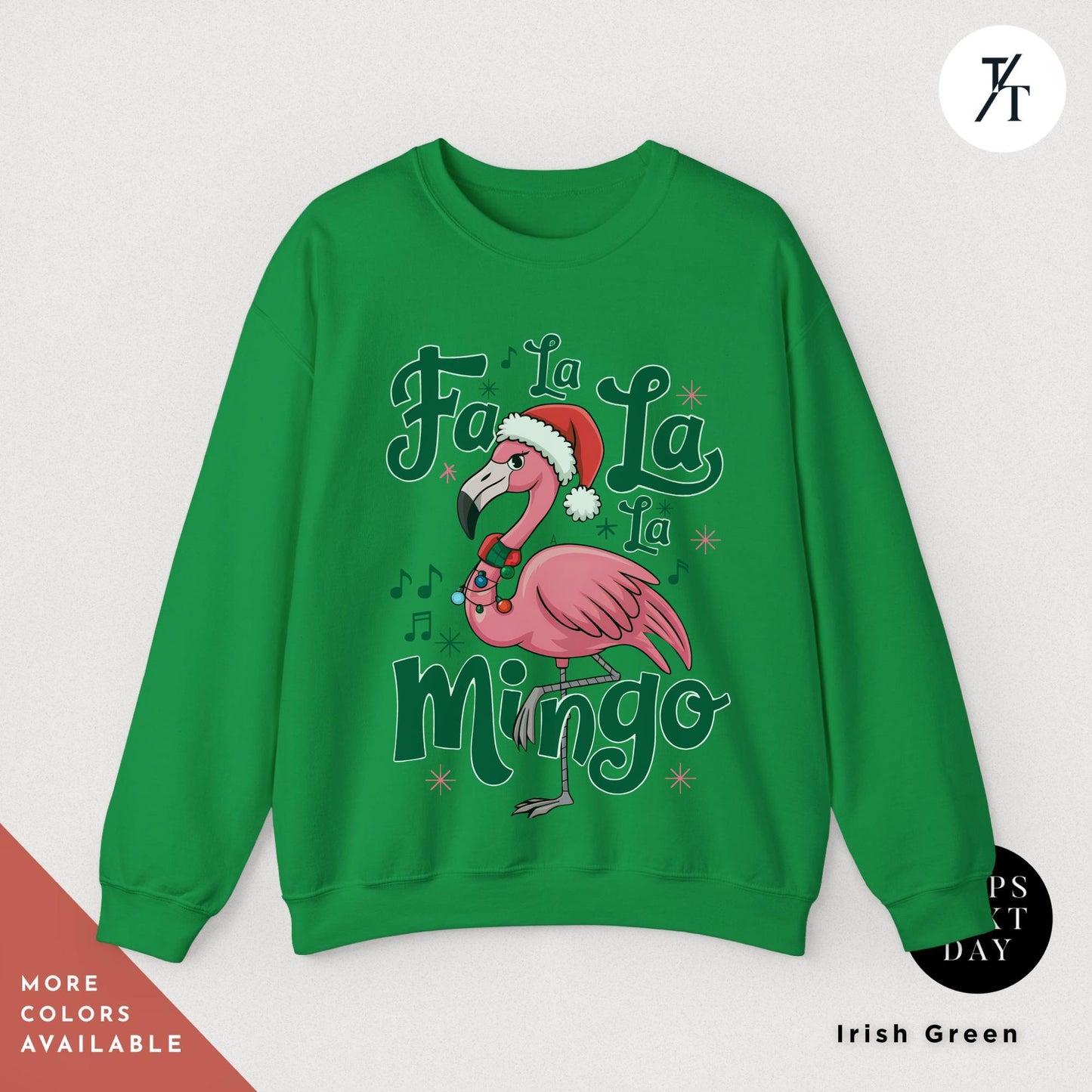 a green sweatshirt with a pink flamingo wearing a santa hat, Christmas Flamingo Sweatshirt, Fa La La Mingo Tropical Christmas Sweater, Flamingo Xmas Shirt Flamingos Lover Gift, Cute Santa Hat Flamingos