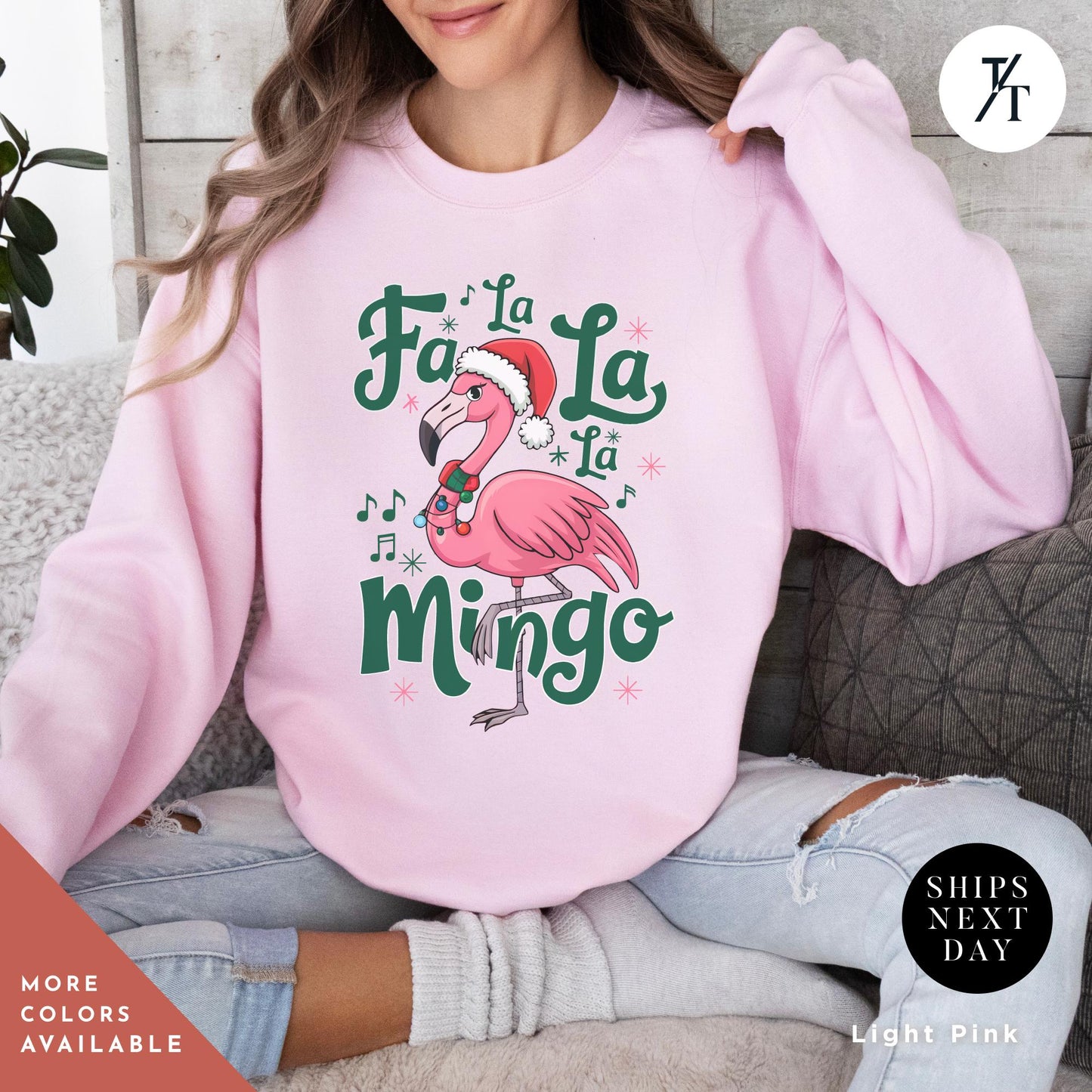 a woman wearing a pink sweatshirt with a pink flamingo on it, Christmas Flamingo Sweatshirt, Fa La La Mingo Tropical Christmas Sweater, Flamingo Xmas Shirt Flamingos Lover Gift, Cute Santa Hat Flamingos
