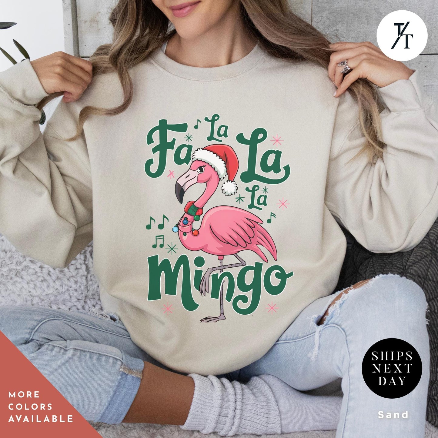 a woman wearing a sweatshirt with a pink flamingo wearing a santa hat, Christmas Flamingo Sweatshirt, Fa La La Mingo Tropical Christmas Sweater, Flamingo Xmas Shirt Flamingos Lover Gift, Cute Santa Hat Flamingos