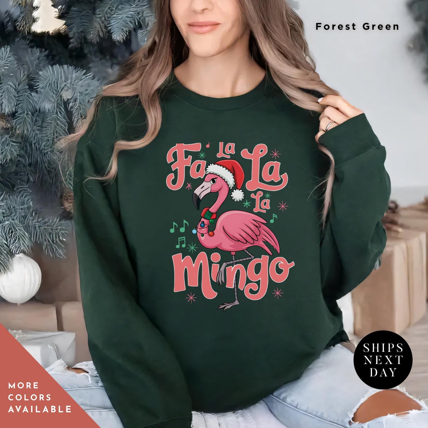 a woman wearing a green sweatshirt with a pink flamingo wearing a santa hat, Christmas Flamingo Sweatshirt, Fa La La Mingo Tropical Christmas Sweater, Flamingo Xmas Shirt Flamingos Lover Gift, Cute Santa Hat Flamingos