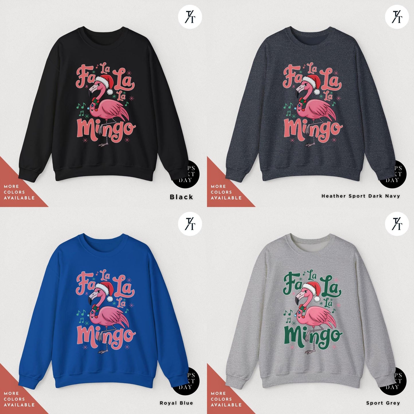 a group of sweaters with different designs on them, Christmas Flamingo Sweatshirt, Fa La La Mingo Tropical Christmas Sweater, Flamingo Xmas Shirt Flamingos Lover Gift, Cute Santa Hat Flamingos