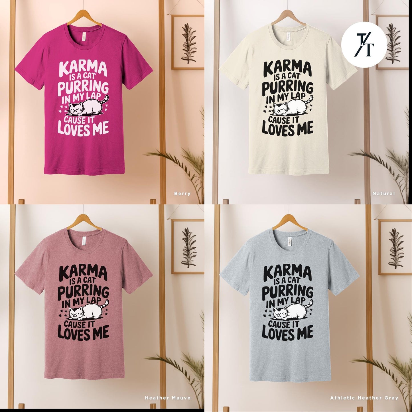 a group of t - shirts hanging on a wall, Karma is a Cat Purring in my Lap Cause it Loves Me Shirt, Karma Is A Cat Shirt, Cats Lover Shirt, Taylor Swiftie Merch, Eras Concert Shirts