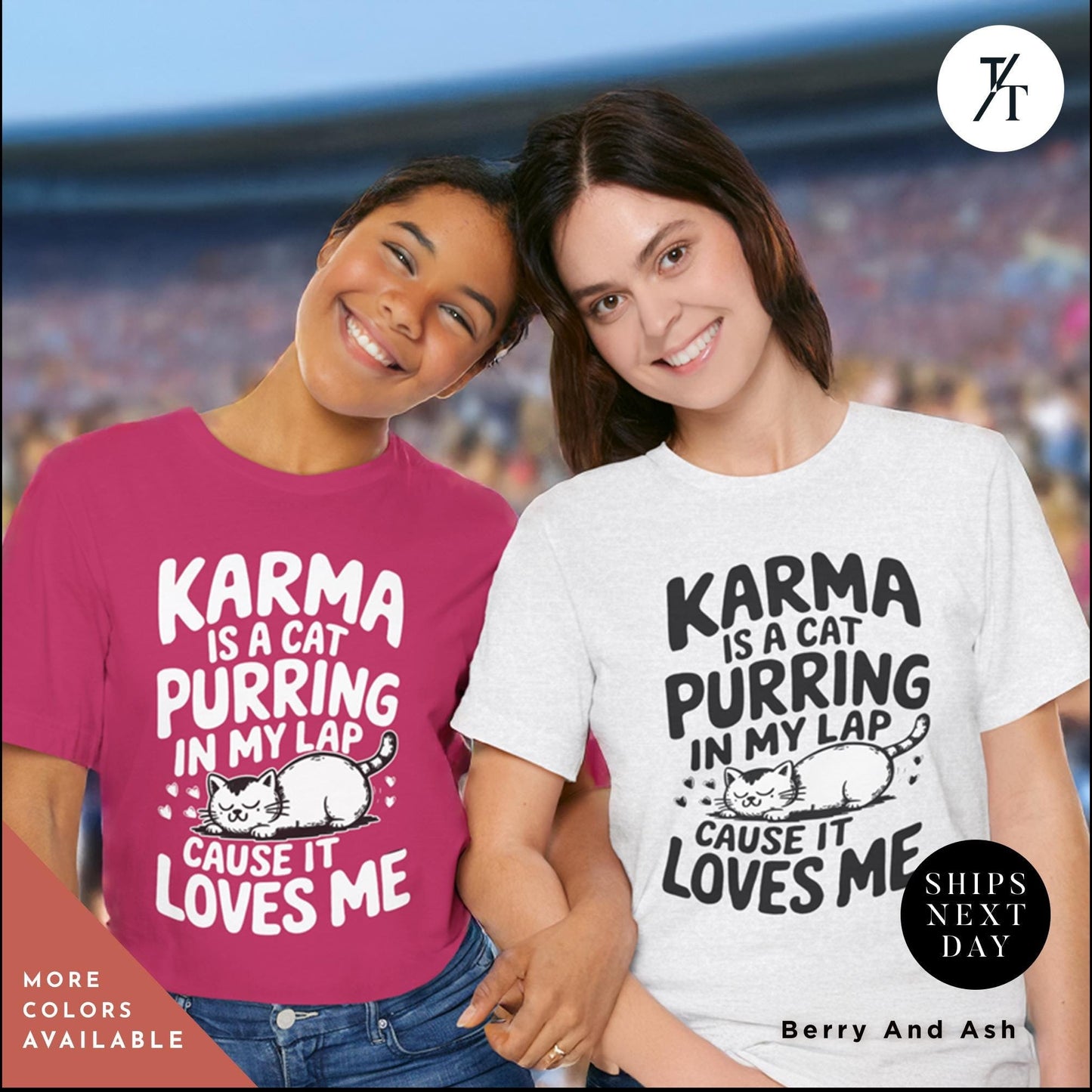 two young girls wearing matching tshirts in front of a stadium, Karma is a Cat Purring in my Lap Cause it Loves Me Shirt, Karma Is A Cat Shirt, Cats Lover Shirt, Taylor Swiftie Merch, Eras Concert Shirts