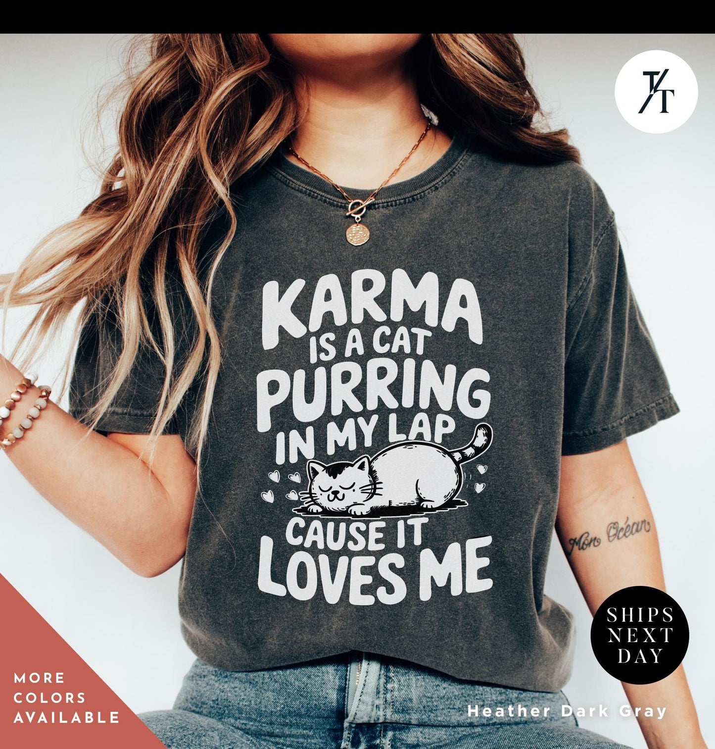 a woman wearing a shirt that says karma is a cat purring in my lab, Karma is a Cat Purring in my Lap Cause it Loves Me Shirt, Karma Is A Cat Shirt, Cats Lover Shirt, Taylor Swiftie Merch, Eras Concert Shirts