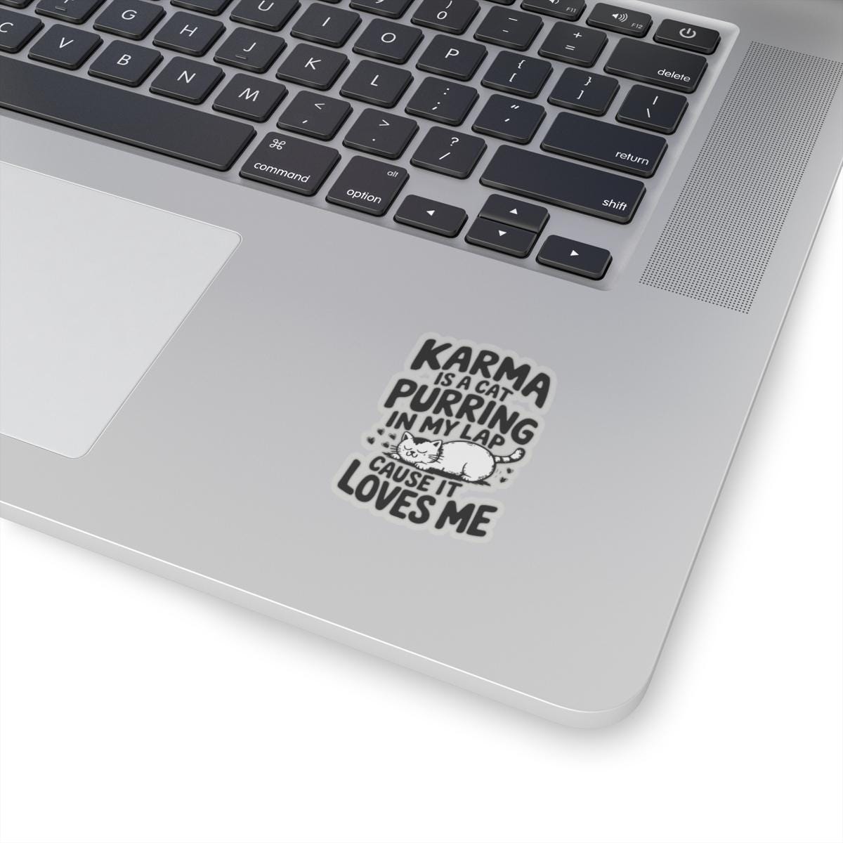 a laptop computer with a sticker on it, Karma Is A Cat Decal, Karma Cat Sticker, Swiftie Merch, Taylor Sticker, Water Bottle Vinyl Stickers Laptop Stickers Eras Tour Cute Cat Decal