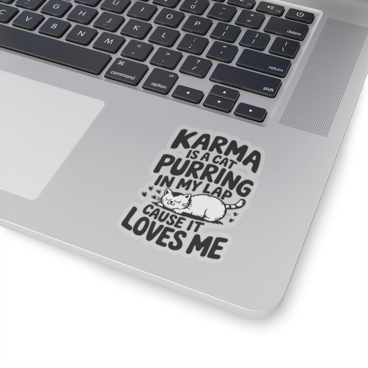 a laptop computer with a sticker on it, Karma Is A Cat Decal, Karma Cat Sticker, Swiftie Merch, Taylor Sticker, Water Bottle Vinyl Stickers Laptop Stickers Eras Tour Cute Cat Decal