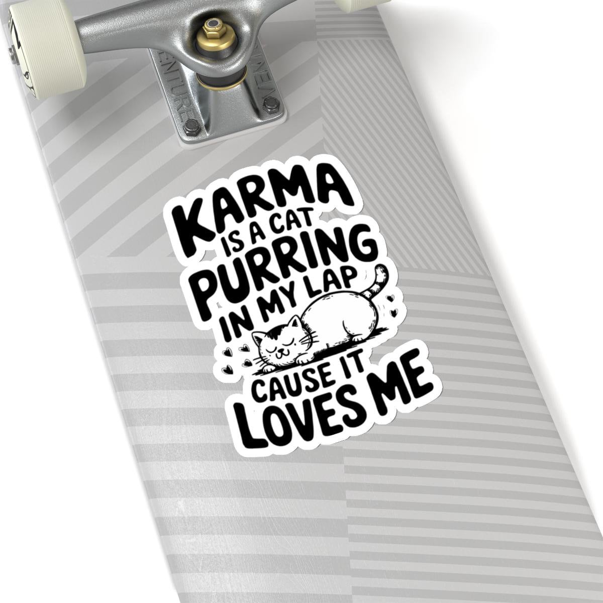 a skateboard with a sticker that says karma is a cat purring in, Karma Is A Cat Decal, Karma Cat Sticker, Swiftie Merch, Taylor Sticker, Water Bottle Vinyl Stickers Laptop Stickers Eras Tour Cute Cat Decal