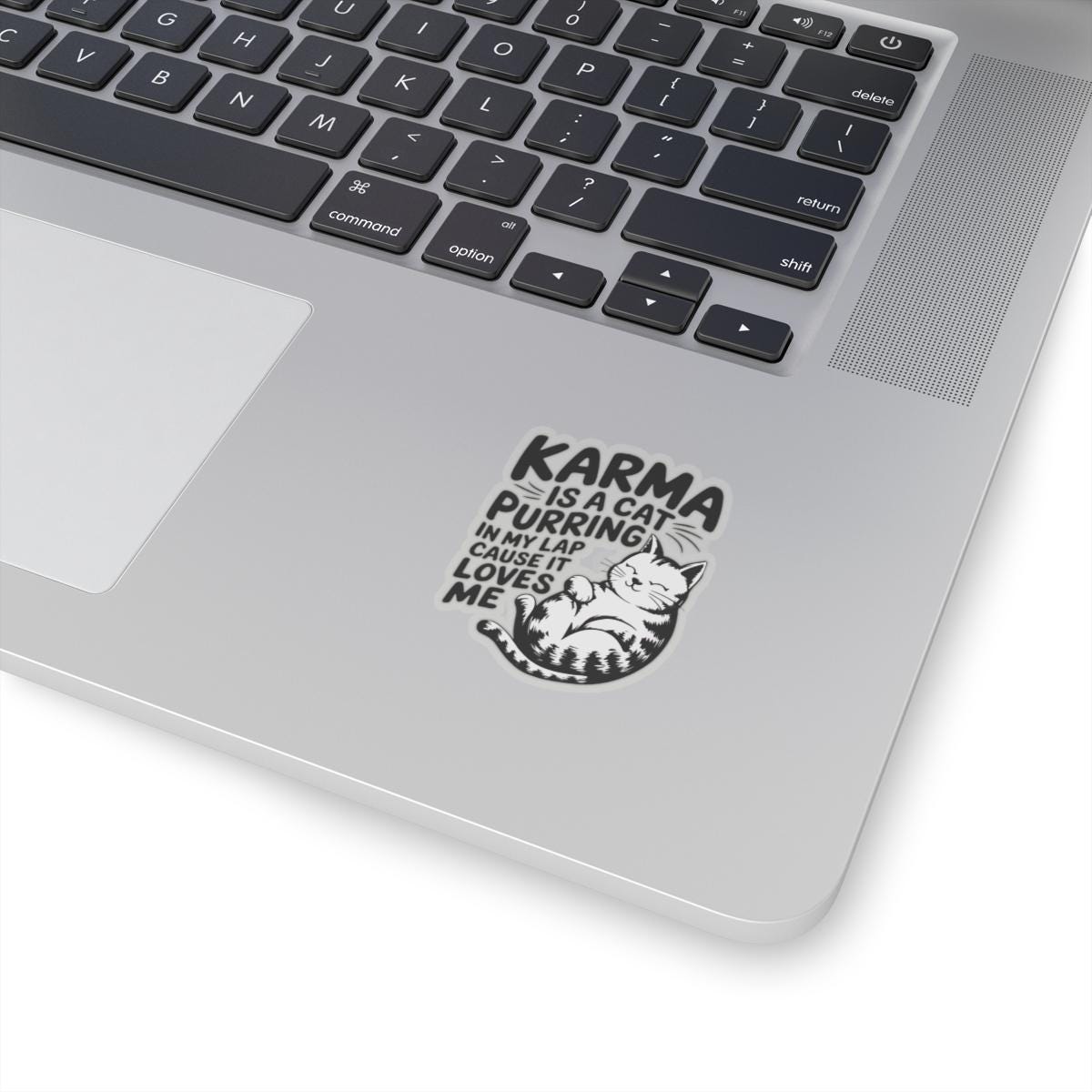 a laptop computer with a sticker on it, Karma Is A Cat Decal, Karma Cat Sticker, Swiftie Merch, Taylor Sticker, Water Bottle Vinyl Laptop Stickers Eras Tour Cute Cats Decal