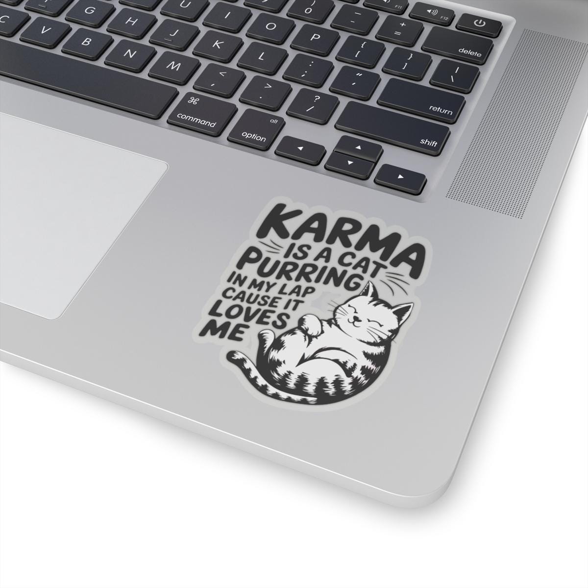 a laptop computer with a sticker on it, Karma Is A Cat Decal, Karma Cat Sticker, Swiftie Merch, Taylor Sticker, Water Bottle Vinyl Laptop Stickers Eras Tour Cute Cats Decal