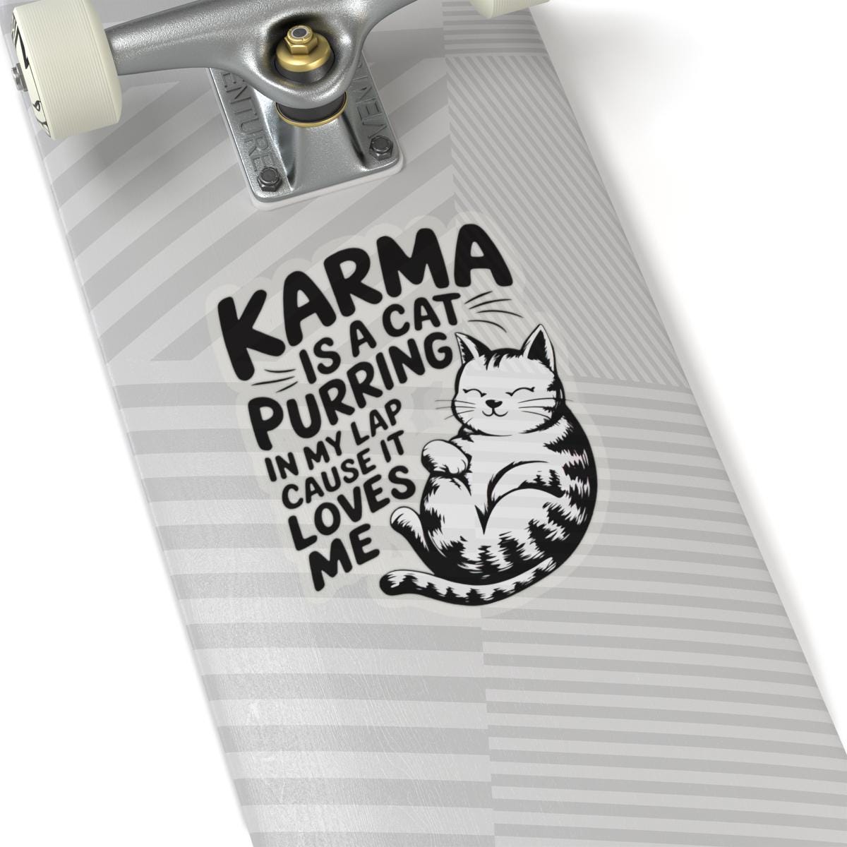 a skateboard with a sticker of a cat on it, Karma Is A Cat Decal, Karma Cat Sticker, Swiftie Merch, Taylor Sticker, Water Bottle Vinyl Laptop Stickers Eras Tour Cute Cats Decal