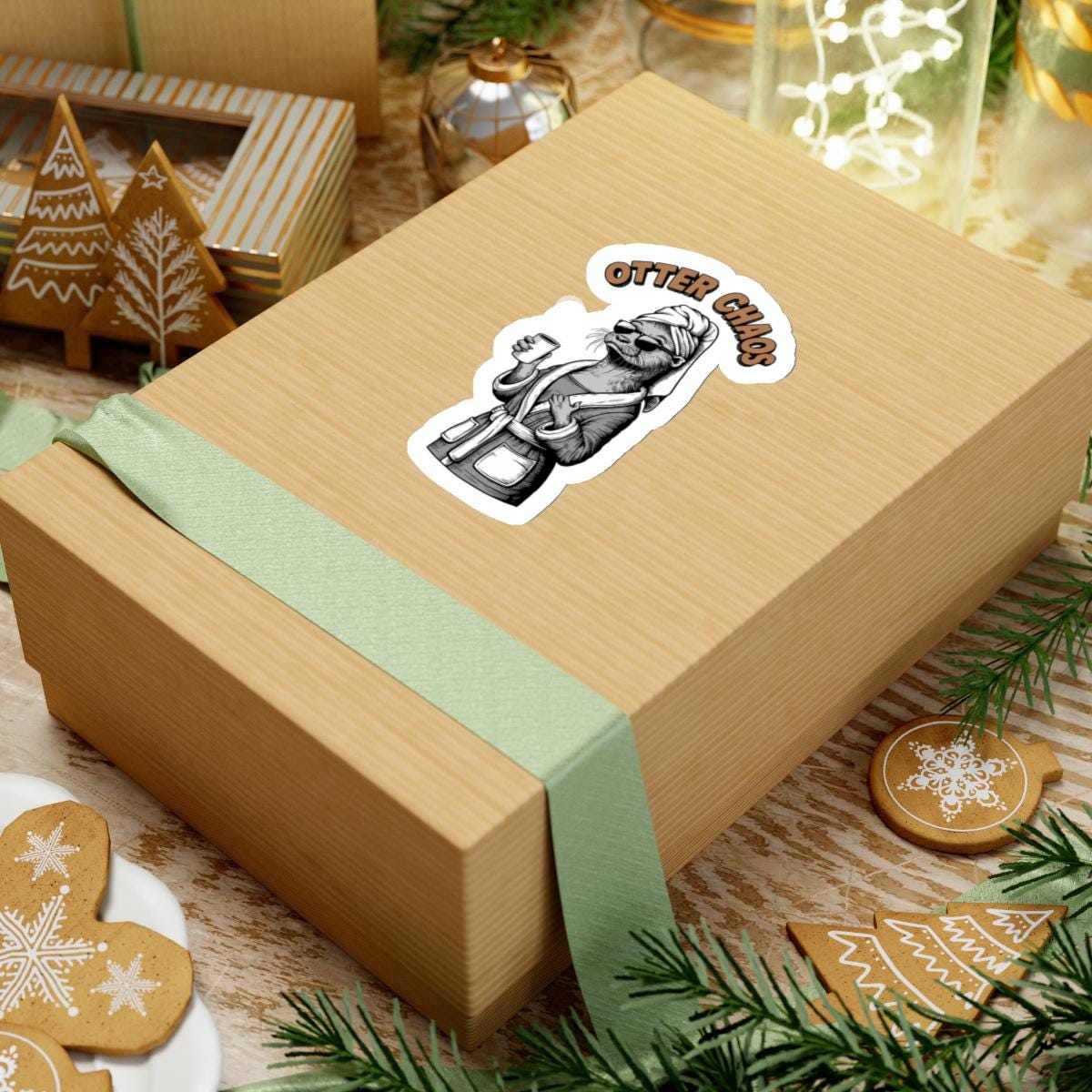 a skateboard with a sticker of an otter mom that says "otter chaos", funny otter sticker for Moms Water Bottle Sticker, Cute Animal Stickers, Waterproof Stickers, Funny Otter Decal, Funny Pun Laptop Decal