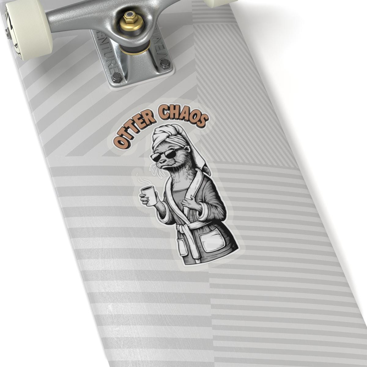 a skateboard with a sticker of an otter mom that says "otter chaos", funny otter sticker for Moms Water Bottle Sticker, Cute Animal Stickers, Waterproof Stickers, Funny Otter Decal, Funny Pun Laptop Decal