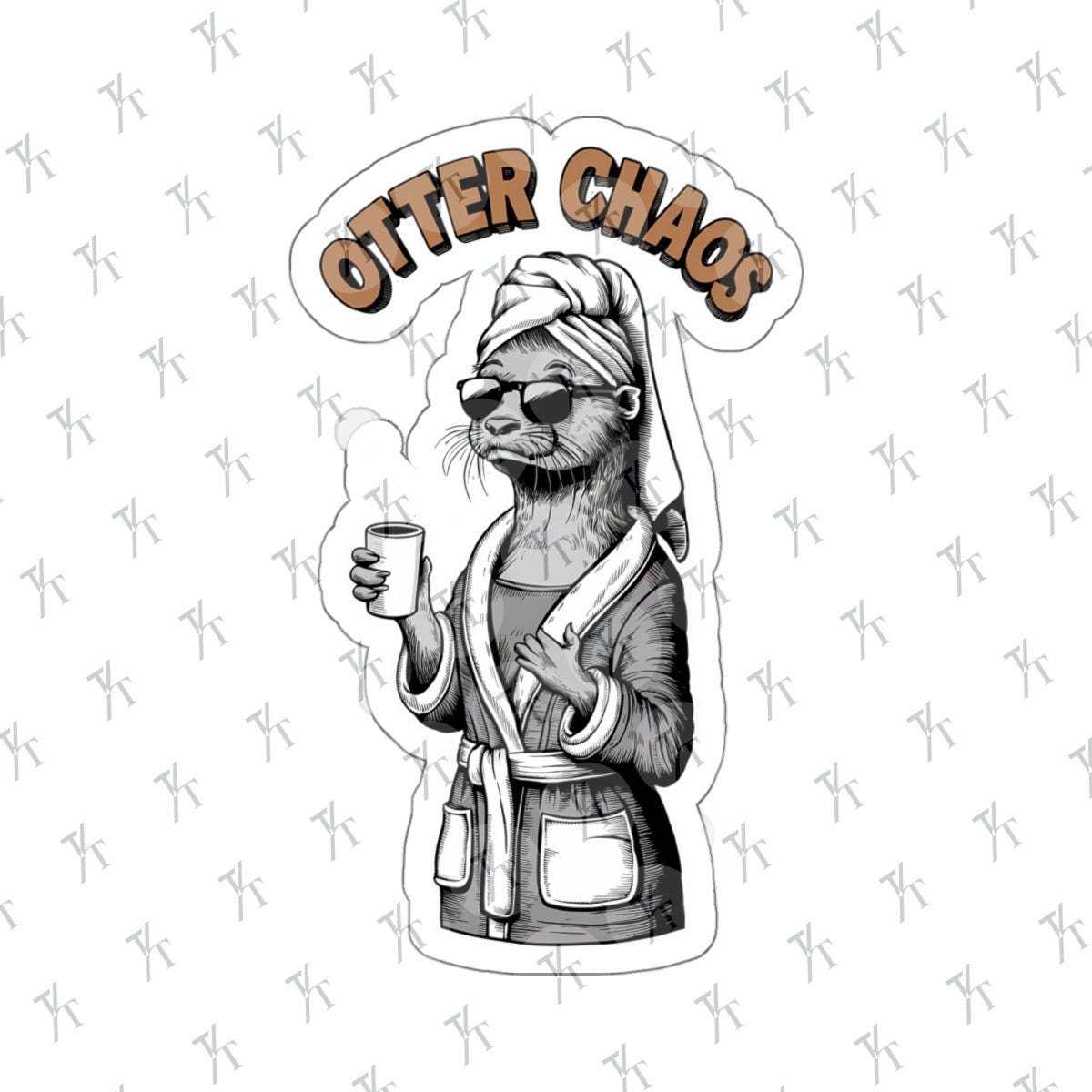 a skateboard with a sticker of an otter mom that says "otter chaos", funny otter sticker for Moms Water Bottle Sticker, Cute Animal Stickers, Waterproof Stickers, Funny Otter Decal, Funny Pun Laptop Decal