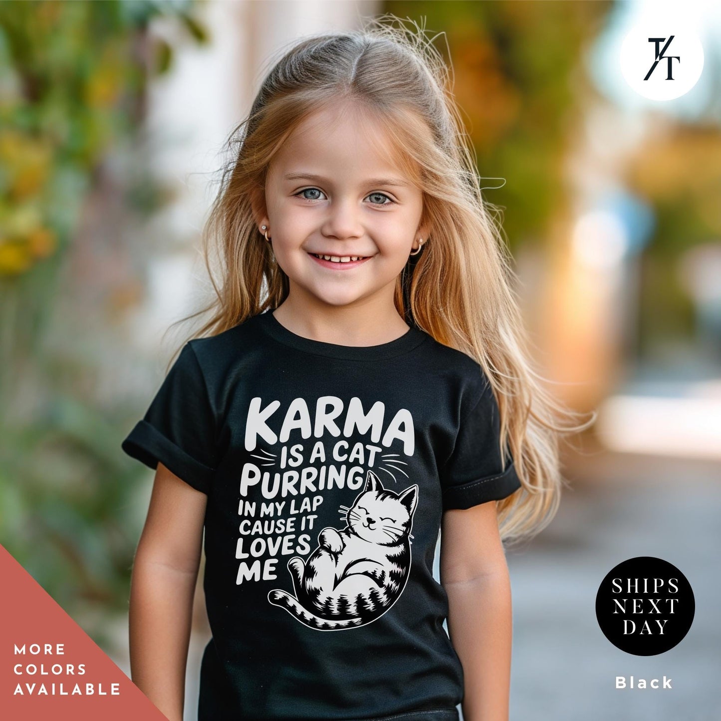 a little girl wearing a black shirt with a cat on it, Karma Is A Cat Shirt Youth, Swiftie Shirt Youth, I Love My Cat, Top Selling T Shirts, 2024 Trends, Cats Lover gift, The Eras Tour Shirts