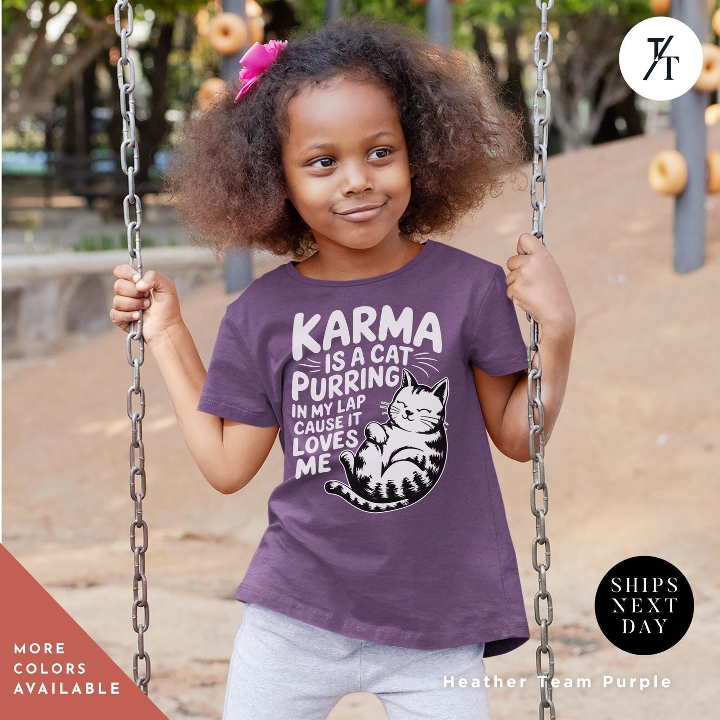 a young girl holding onto a metal swing, Karma Is A Cat Shirt Youth, Swiftie Shirt Youth, I Love My Cat, Top Selling T Shirts, 2024 Trends, Cats Lover gift, The Eras Tour Shirts