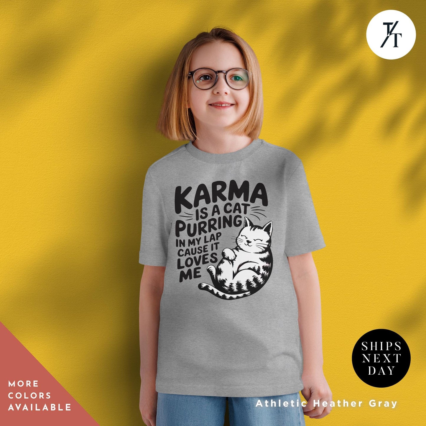 a young girl wearing a gray t - shirt that says karma is a cat, Karma Is A Cat Shirt Youth, Swiftie Shirt Youth, I Love My Cat, Top Selling T Shirts, 2024 Trends, Cats Lover gift, The Eras Tour Shirts