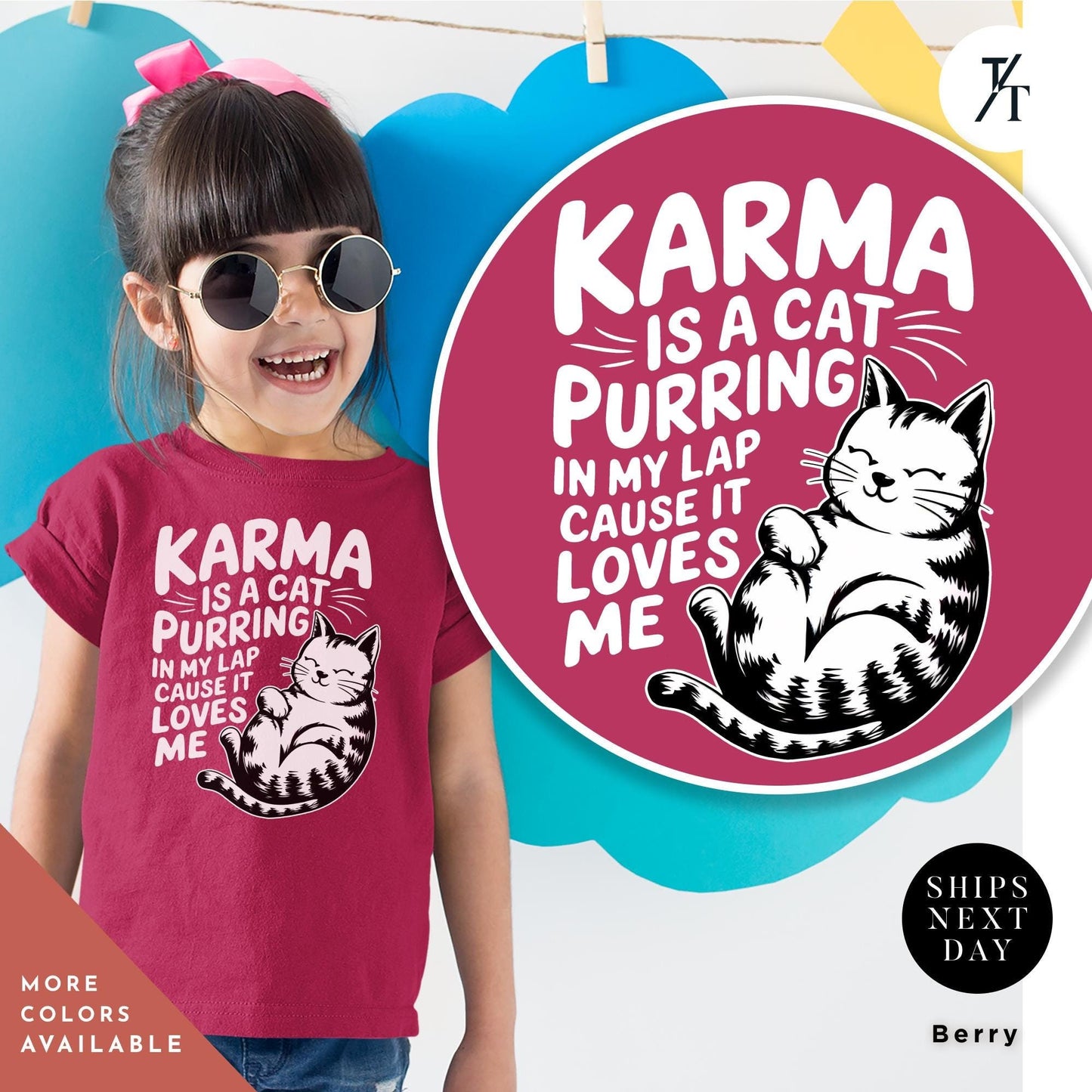 a girl wearing a pink shirt with a cat on it, Karma Is A Cat Shirt Youth, Swiftie Shirt Youth, I Love My Cat, Top Selling T Shirts, 2024 Trends, Cats Lover gift, The Eras Tour Shirts