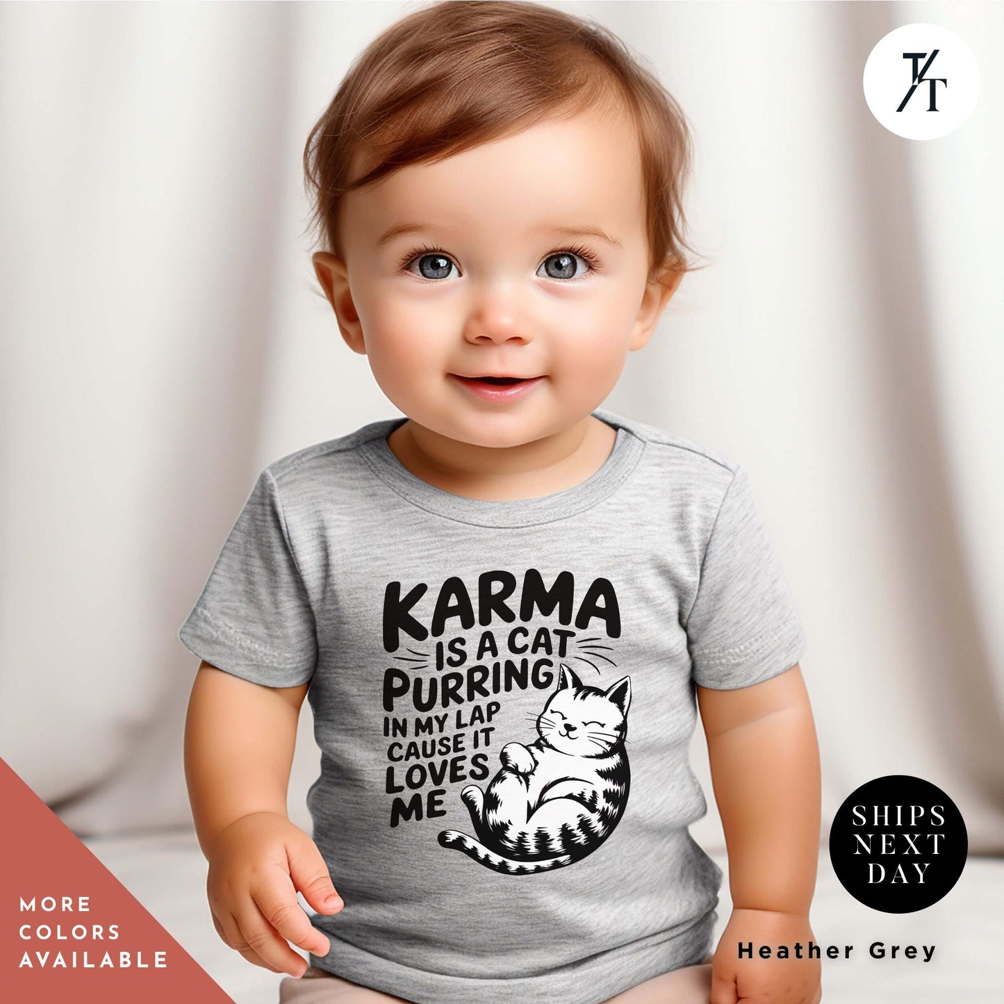 a baby wearing a gray shirt with a cat on it, Karma Is A Cat Toddler Shirt, Karma Is A Cat Shirt, Cats Lover Shirts, Funny Cats Shirts, Gift For Swiftie, Swiftie Kids Clothes Toddler