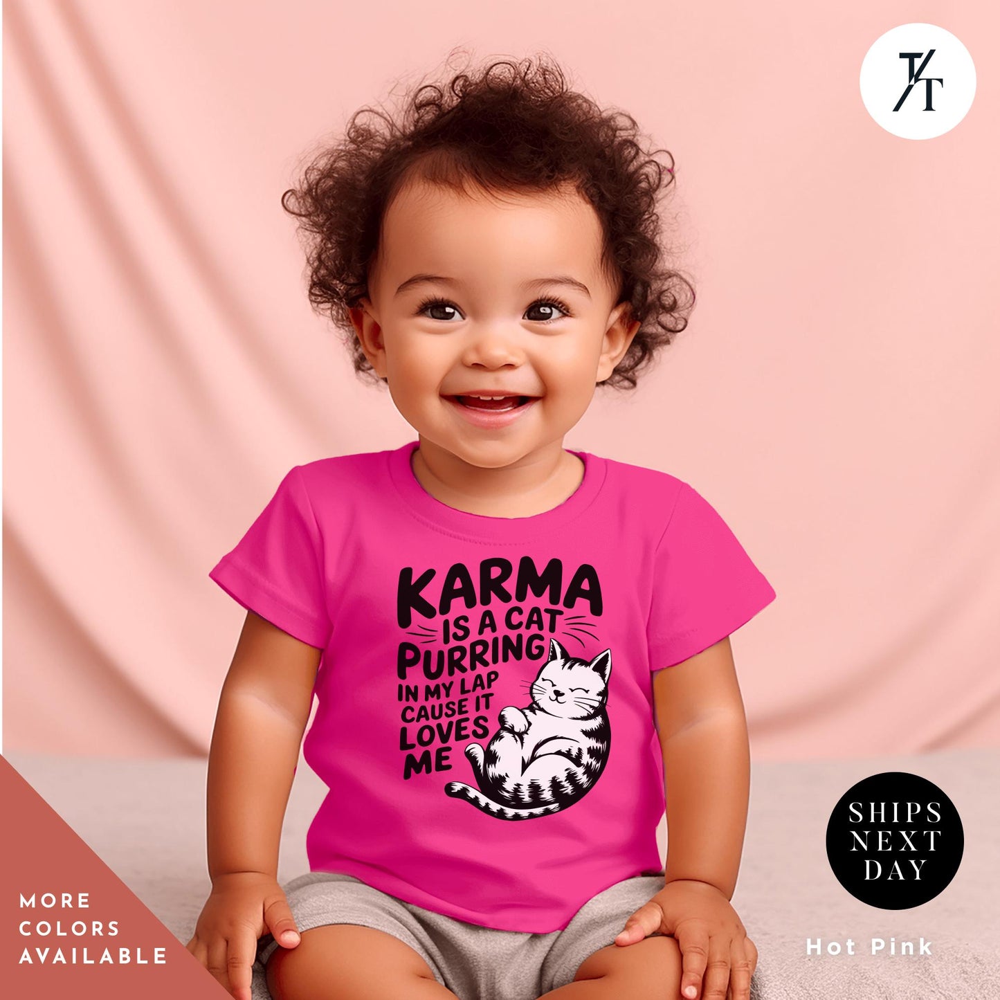 a baby wearing a pink shirt with a cat on it, Karma Is A Cat Toddler Shirt, Karma Is A Cat Shirt, Cats Lover Shirts, Funny Cats Shirts, Gift For Swiftie, Swiftie Kids Clothes Toddler
