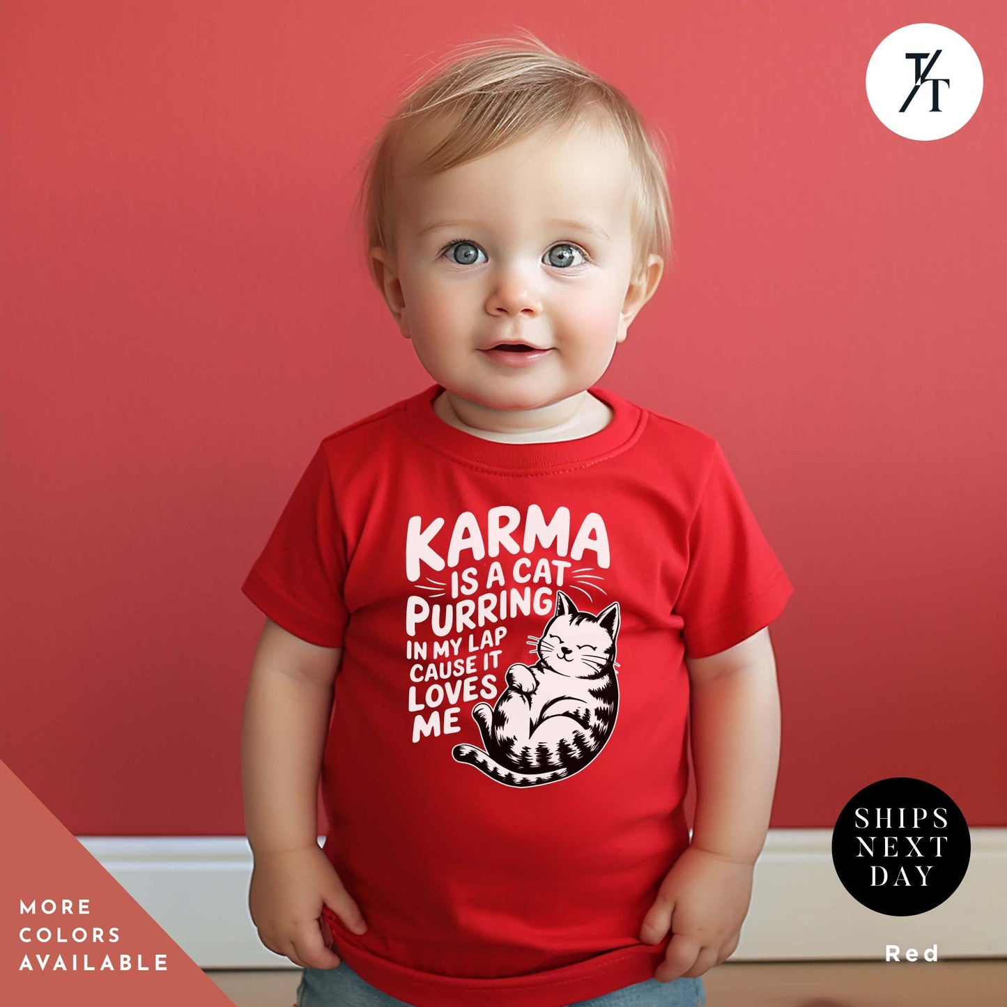 a baby wearing a red shirt with a cat on it, Karma Is A Cat Toddler Shirt, Karma Is A Cat Shirt, Cats Lover Shirts, Funny Cats Shirts, Gift For Swiftie, Swiftie Kids Clothes Toddler