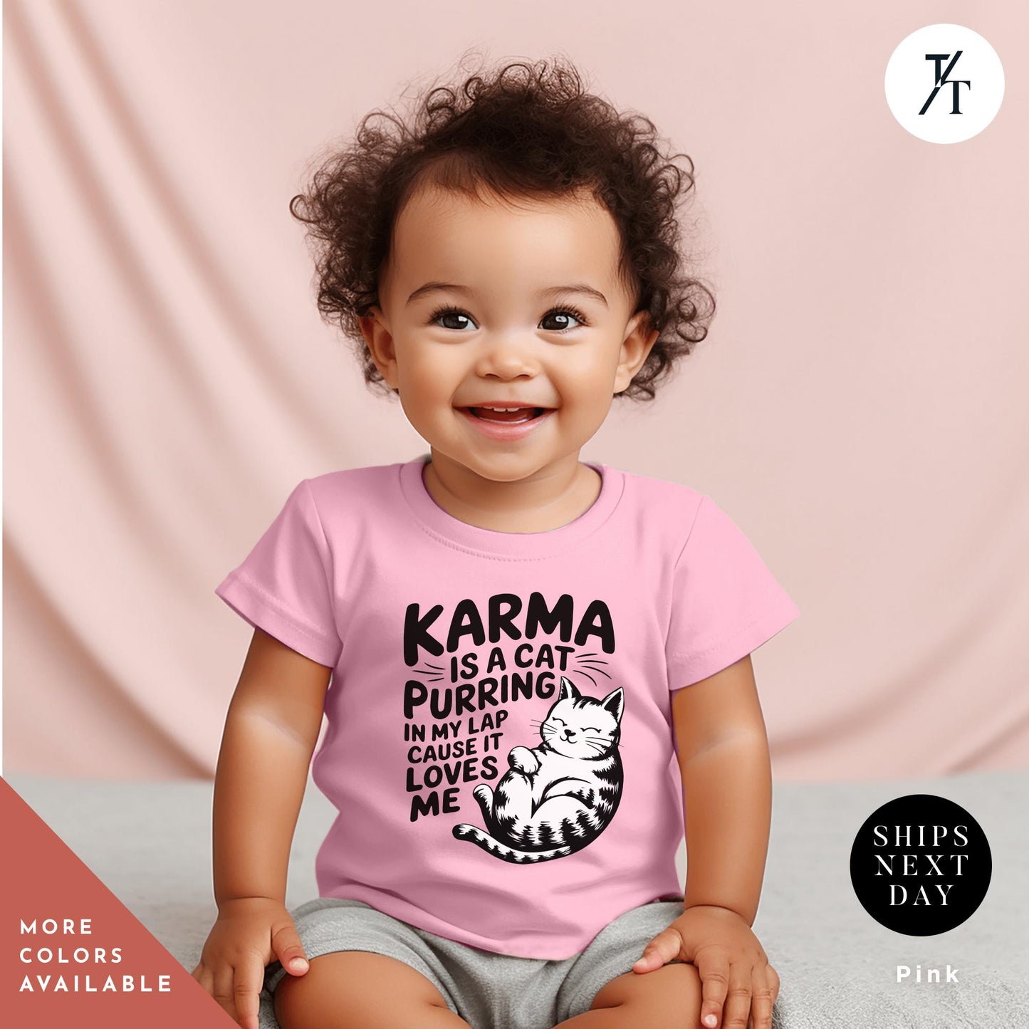 a baby wearing a pink shirt with a cat on it, Karma Is A Cat Toddler Shirt, Karma Is A Cat Shirt, Cats Lover Shirts, Funny Cats Shirts, Gift For Swiftie, Swiftie Kids Clothes Toddler