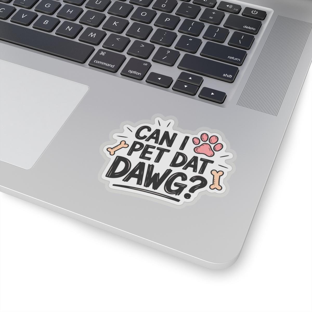 a laptop with a sticker that says can i pet dat dawg? Can i pet that dawg sticker, Water Bottle Decal, Can I Pet That Dog, Funny Quote Stickers, Laptop Decals, Pet Lover Gifts For Dog Lovers